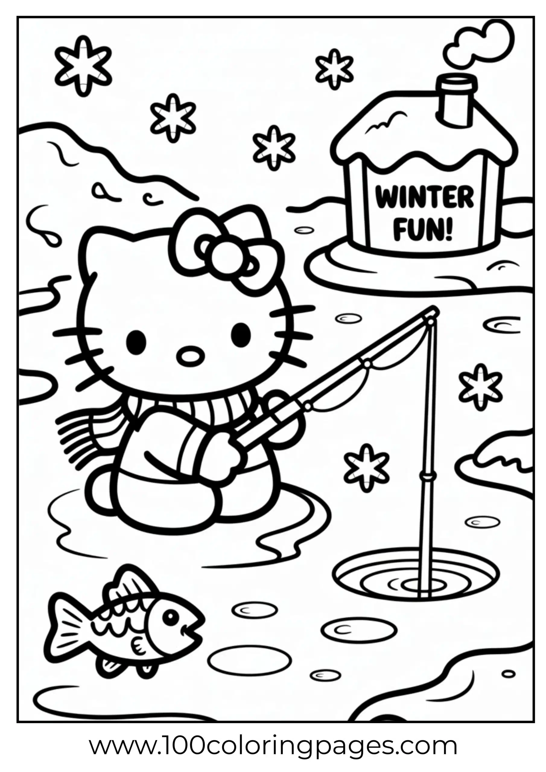Hello Kitty fishing in ice coloring page