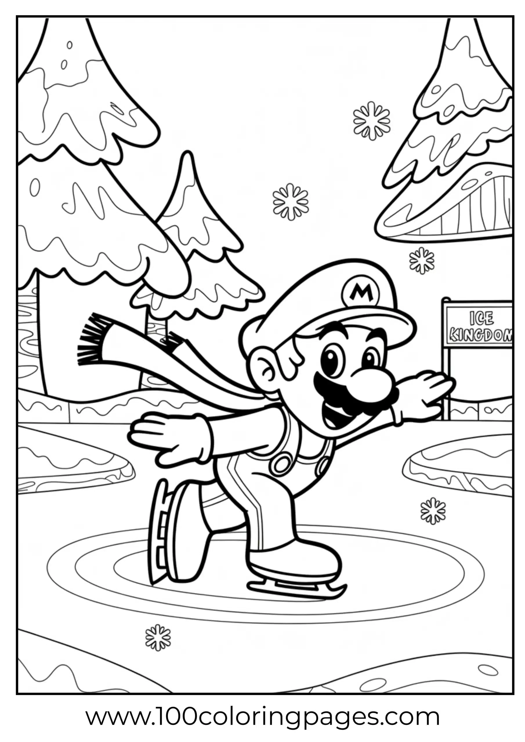 Mario ice skating in a winter-themed coloring page