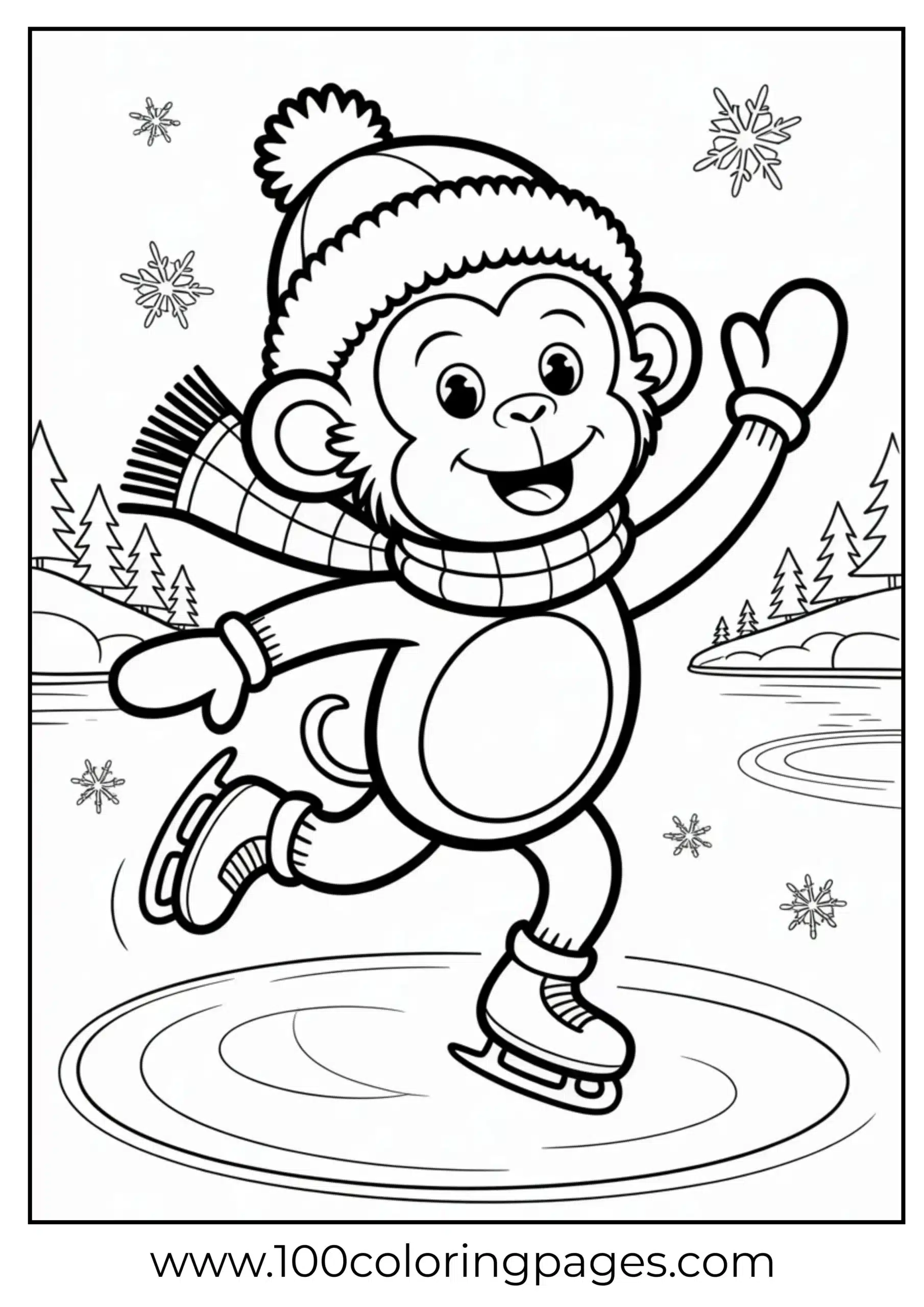 Monkey ice skating in winter coloring page