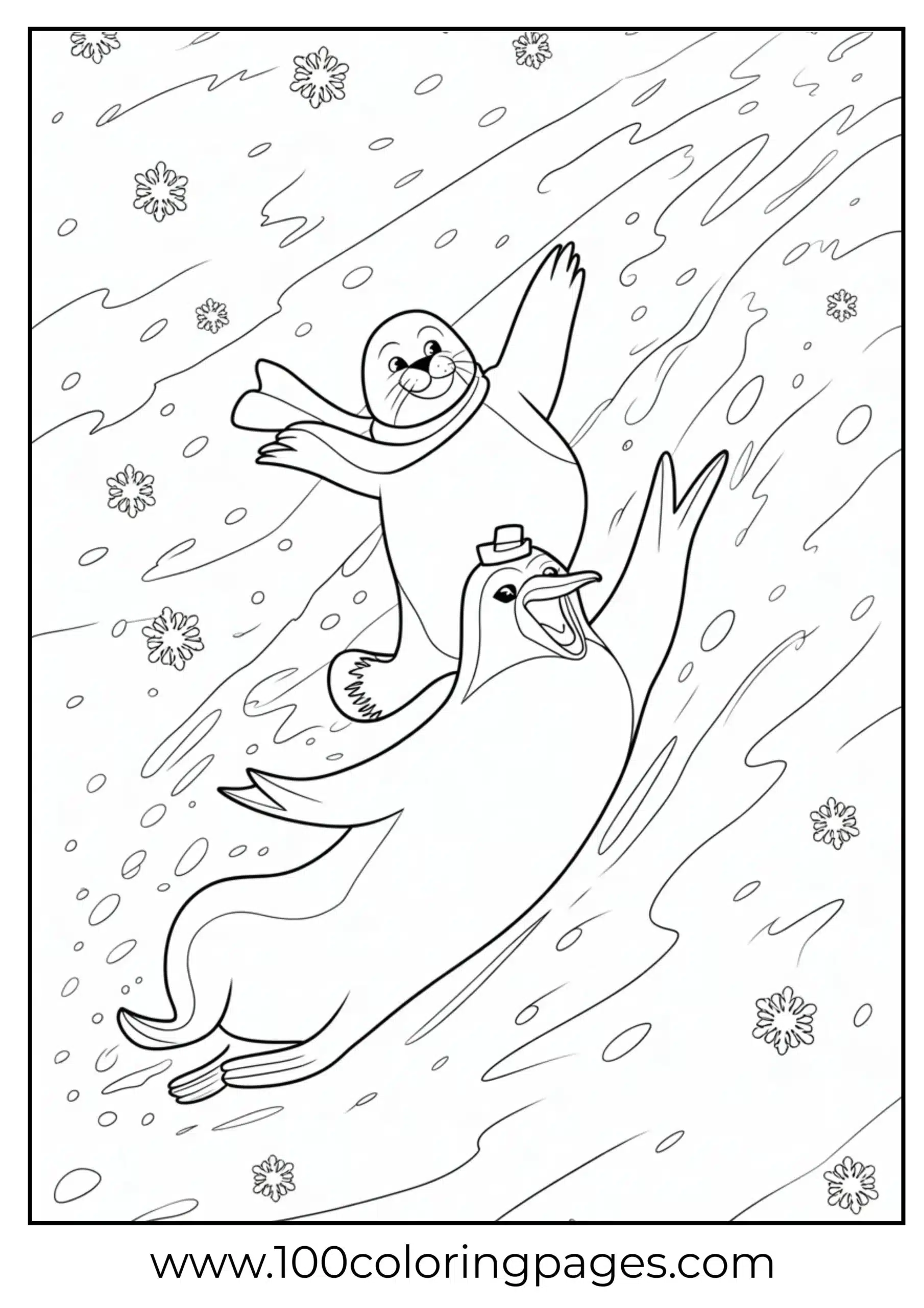 Seal and penguin sliding coloring page