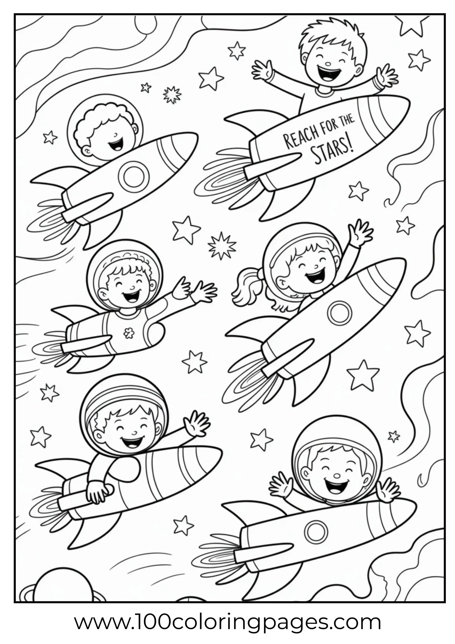 Kids flying cardboard rockets coloring page