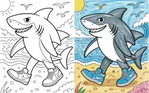 Italian Brainrot coloring pages — cartoon shark walking on a beach in blue sneakers, side-by-side line art and colored version