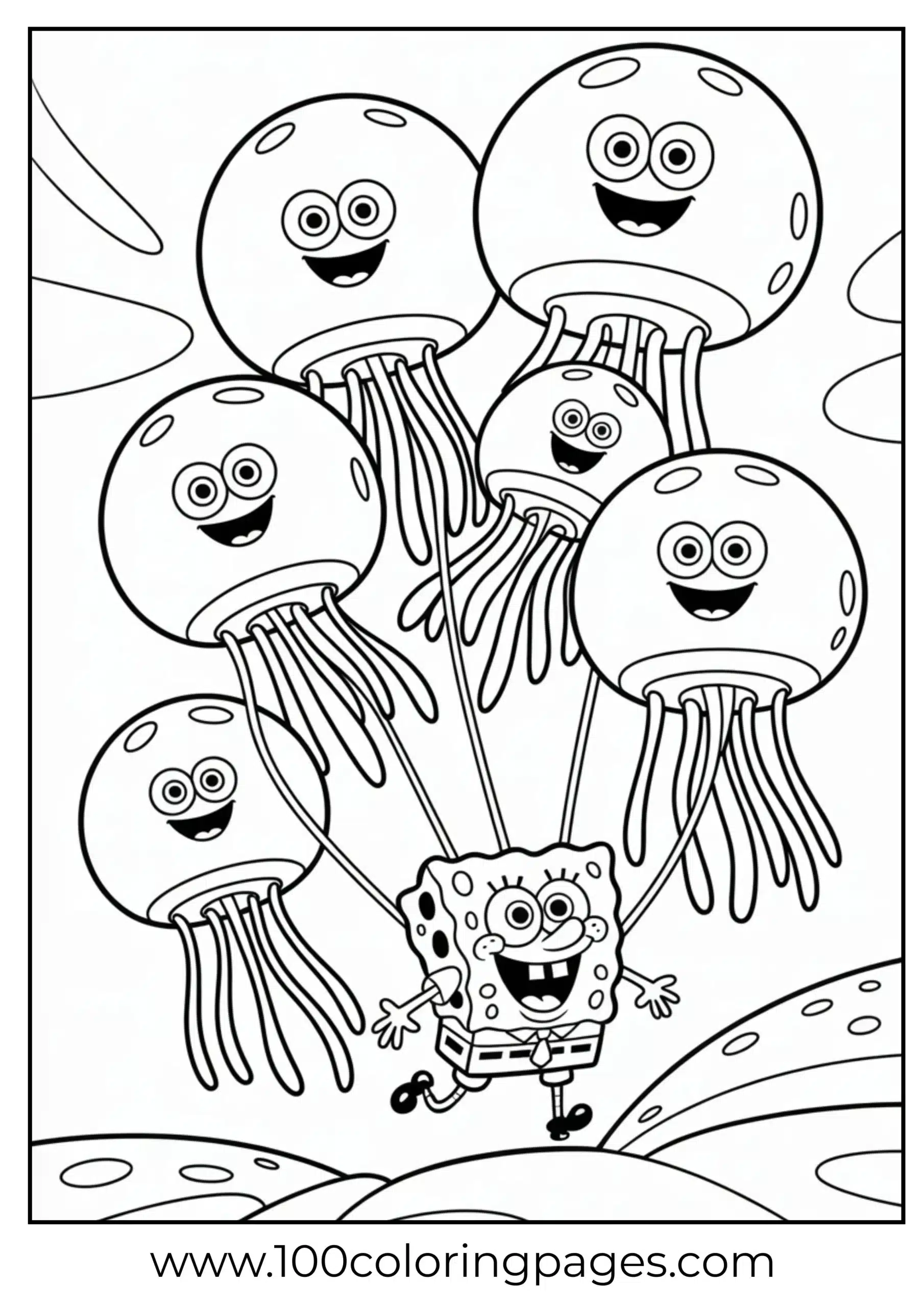 SpongeBob flying with jellyfish balloons as coloring page