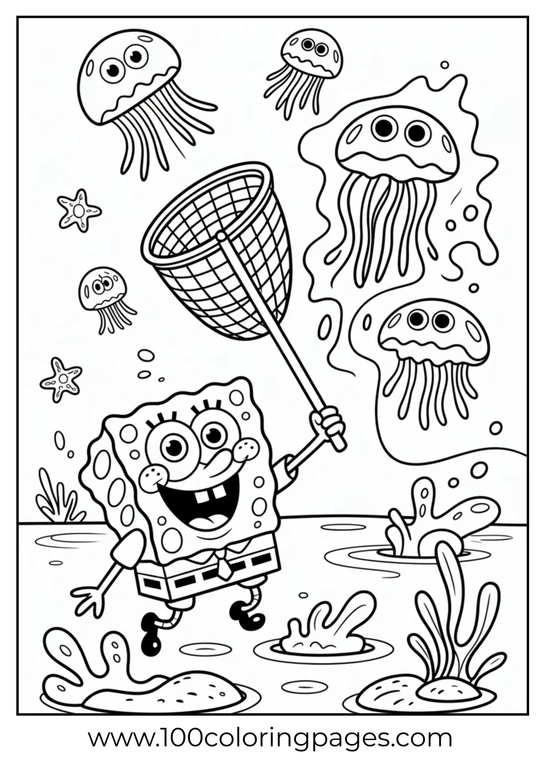 SpongeBob fishing for jellyfish with circular ripples