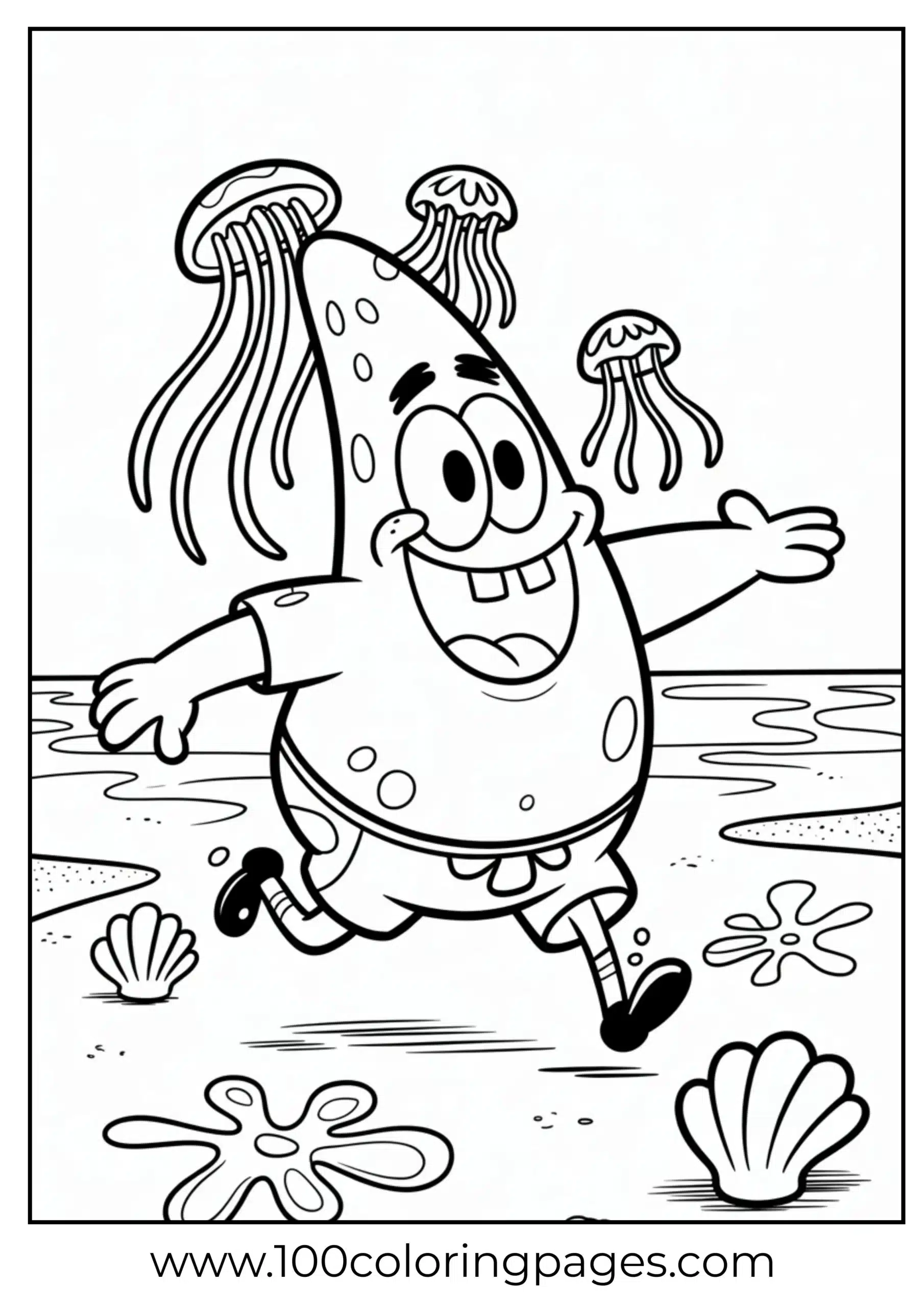 Patrick running with jellyfish on head in outline form