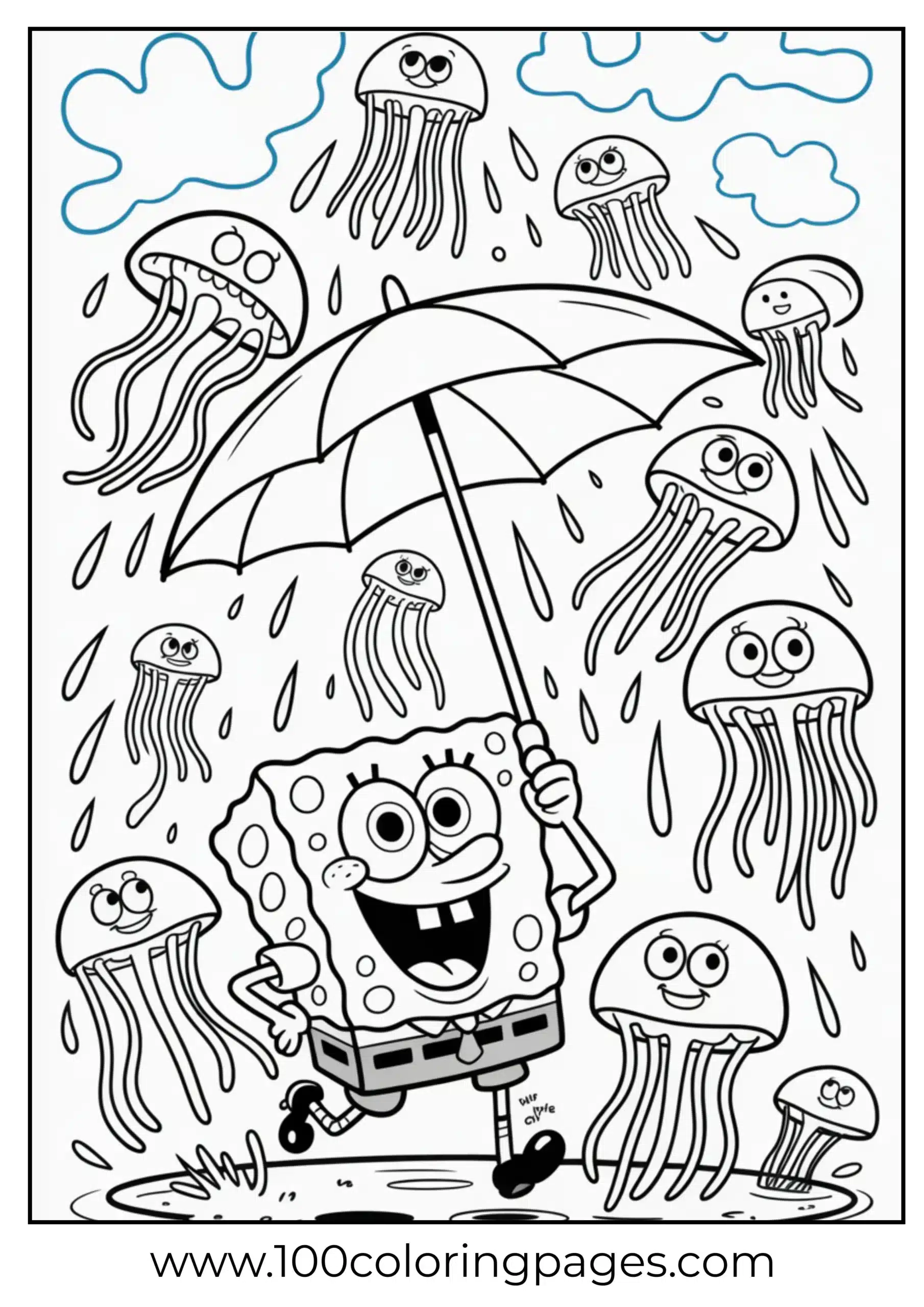 SpongeBob with umbrella under jellyfish rain
