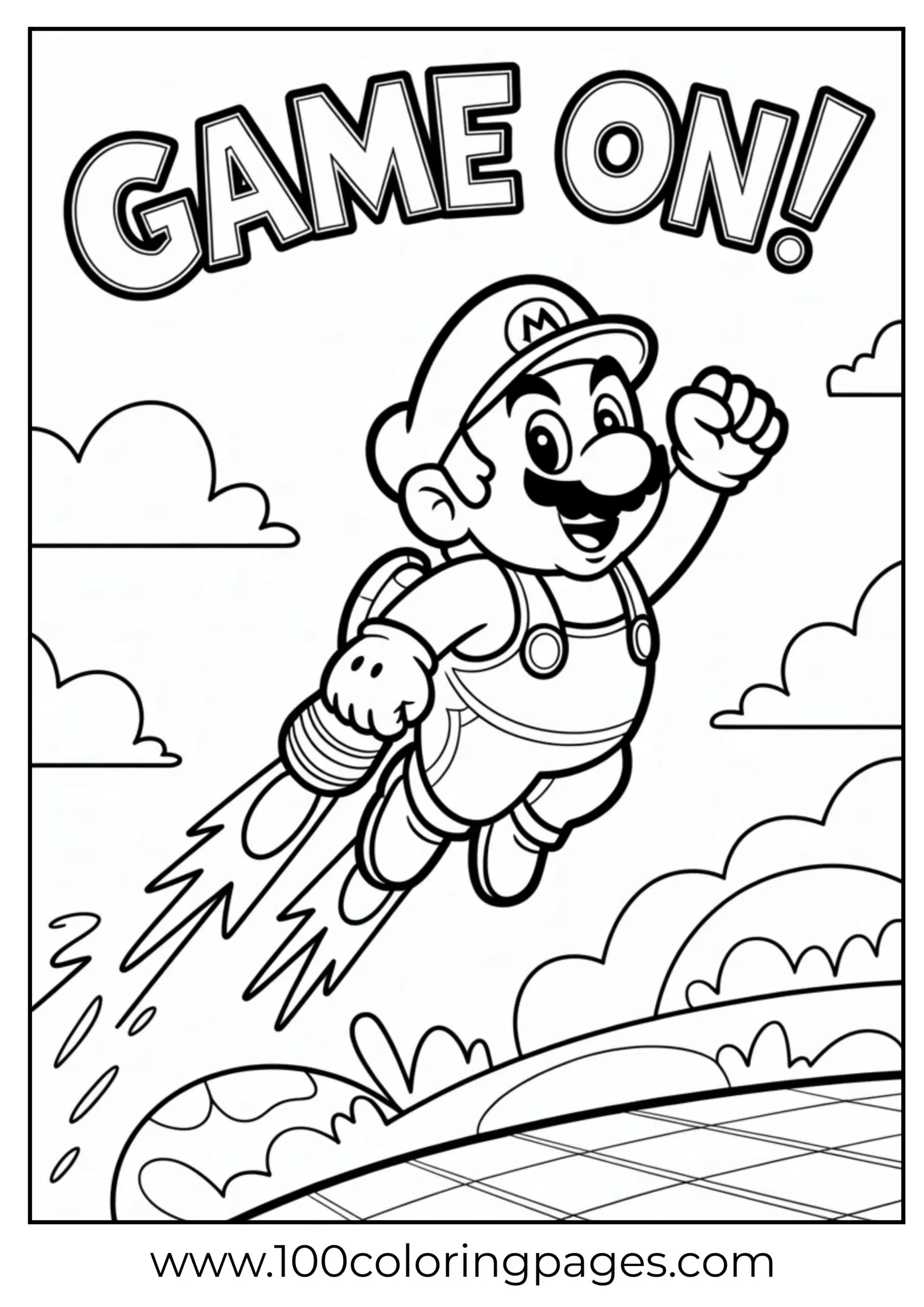 Mario using a jetpack to fly in bold coloring style
