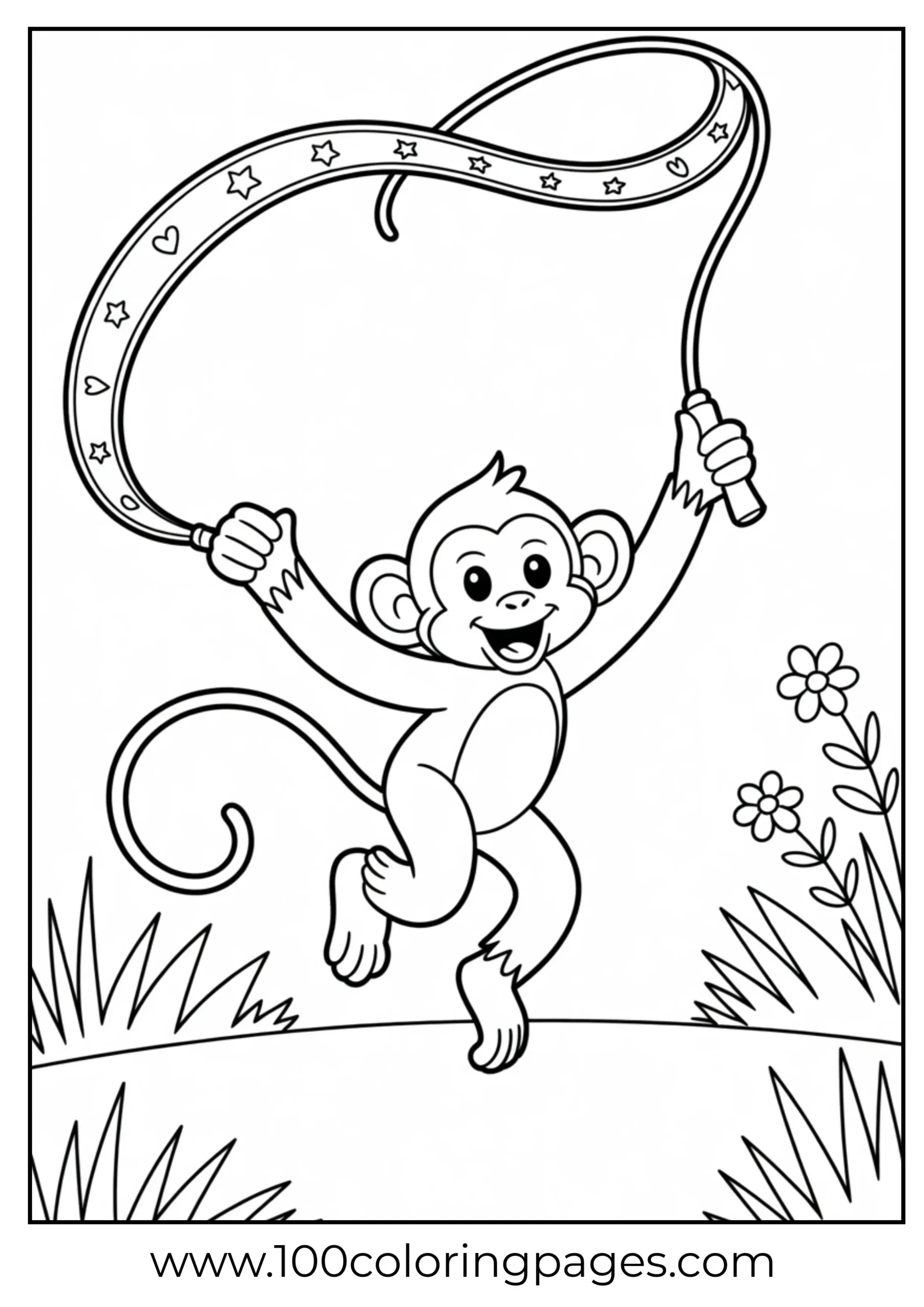 Monkey skipping jump rope coloring page