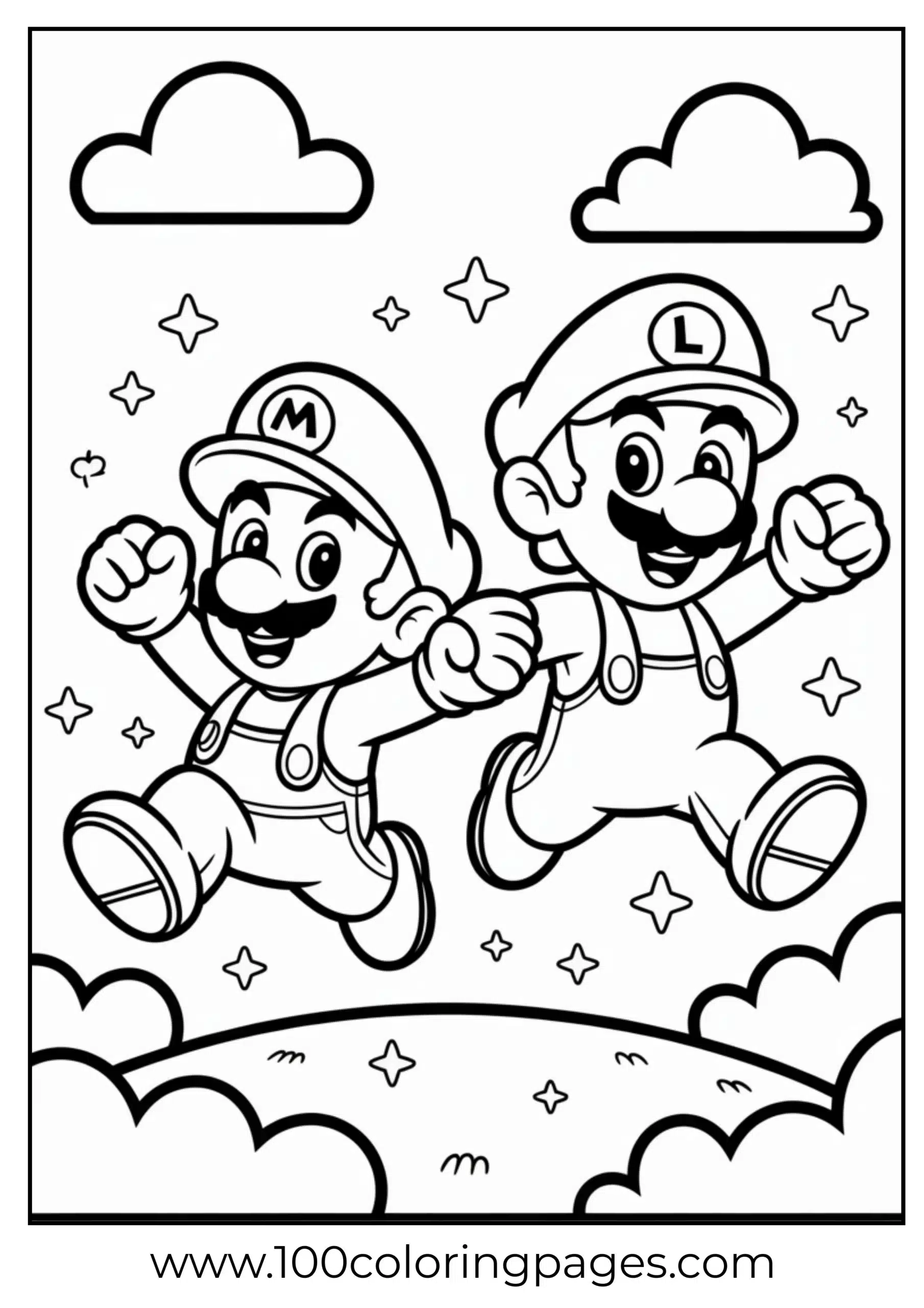 Mario and Luigi jumping side-by-side in coloring style