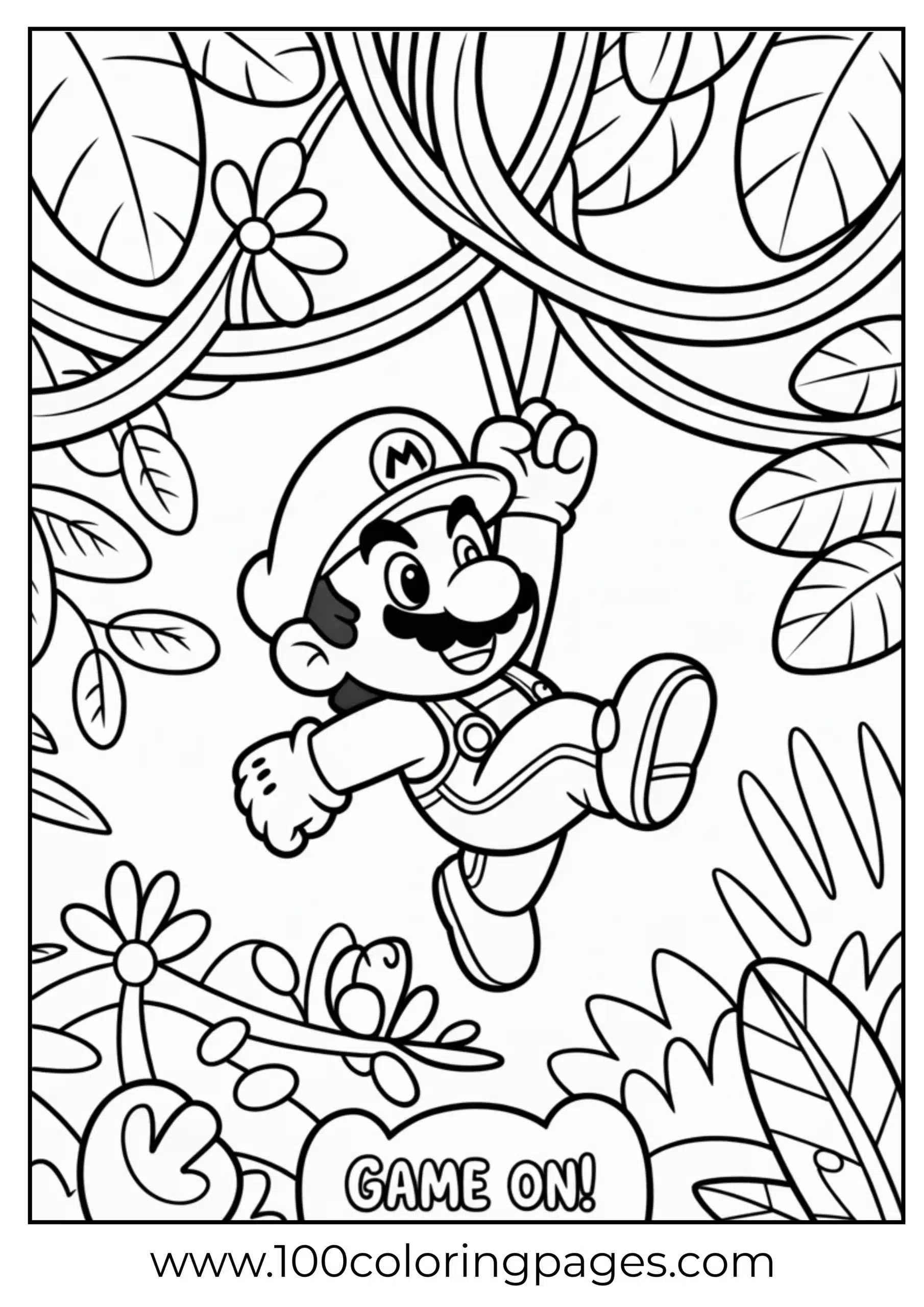 Mario swinging on vines in jungle adventure coloring layout