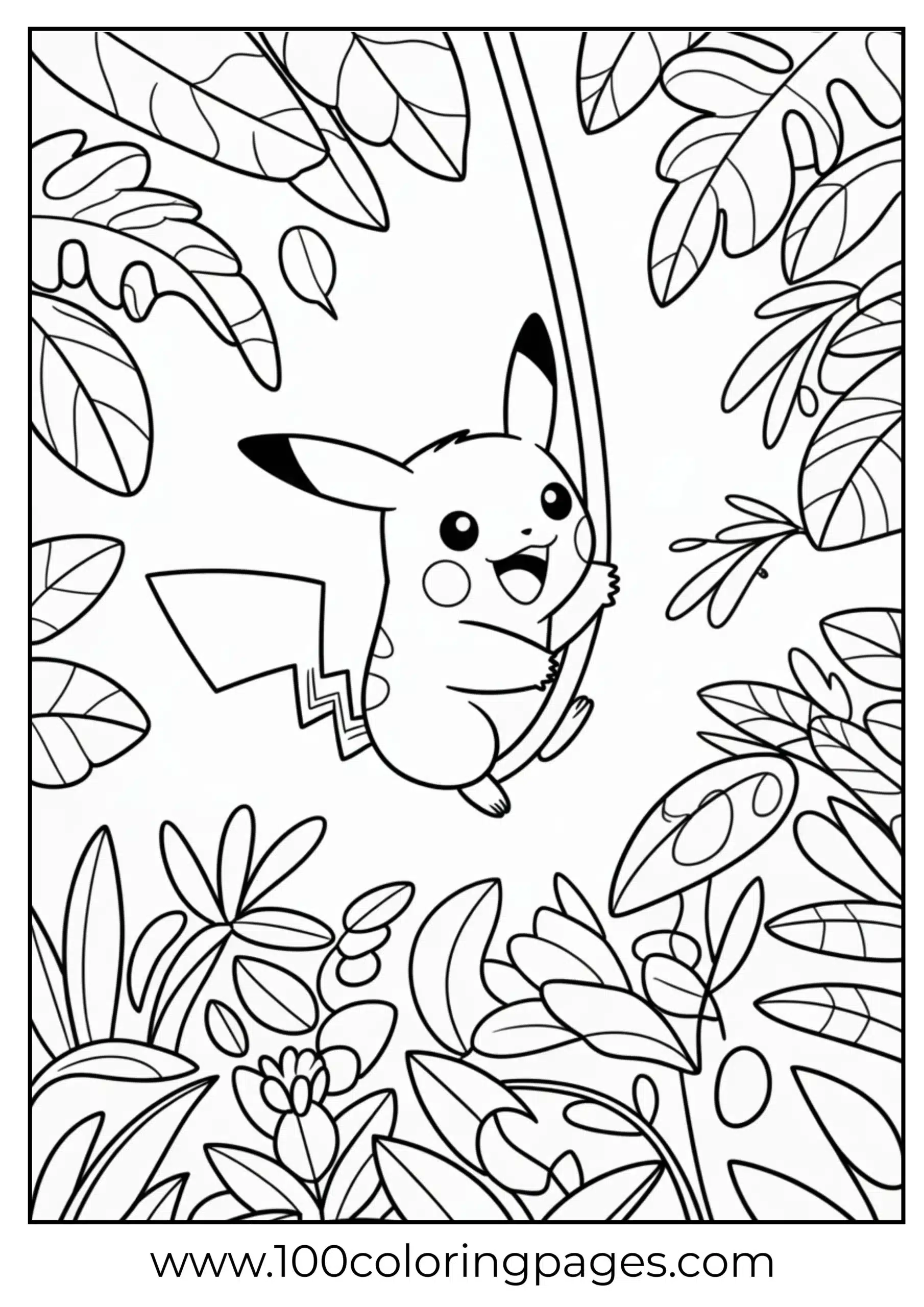 Pikachu swinging from vine in jungle