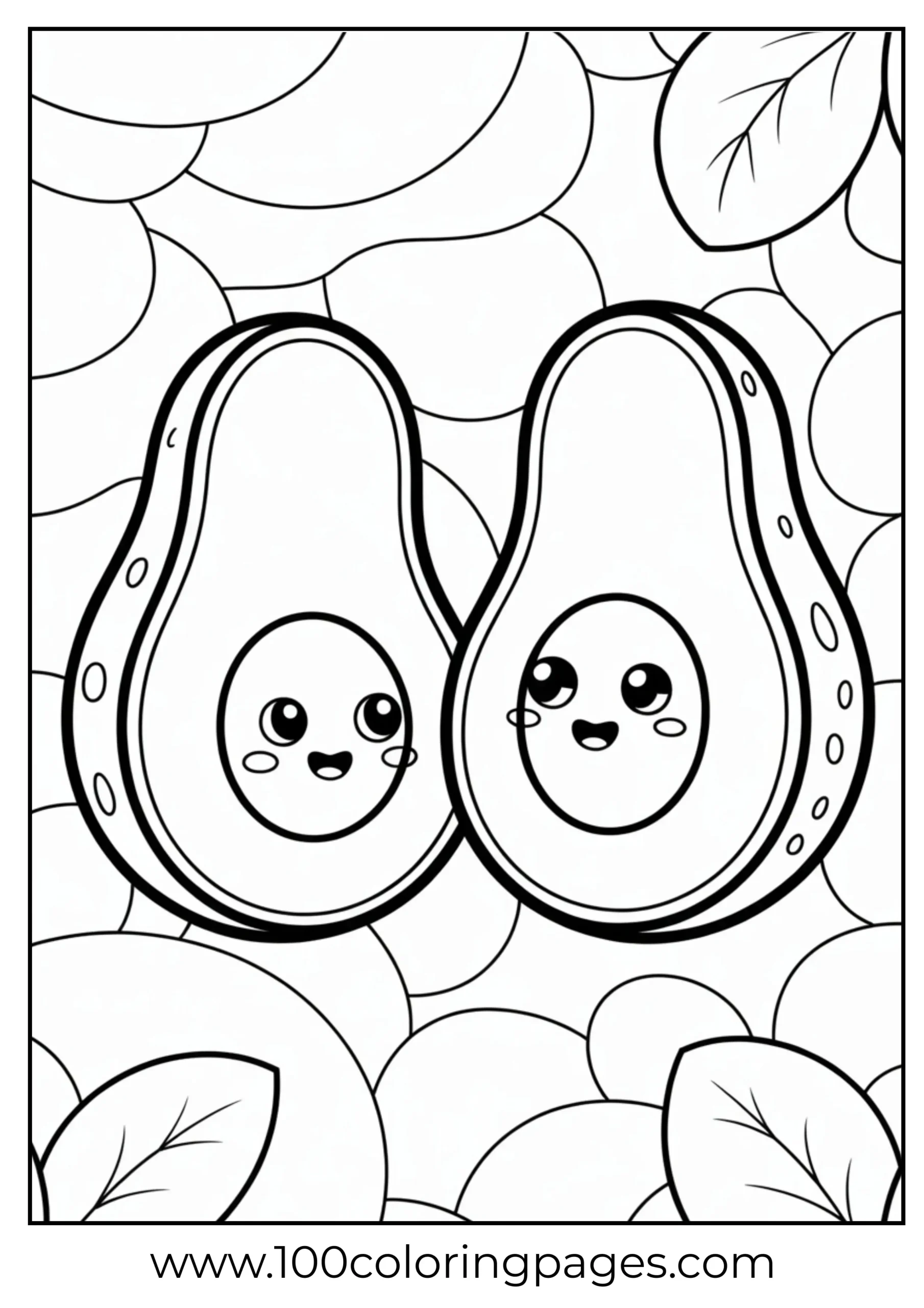 Avocado halves smiling holding hands coloring page