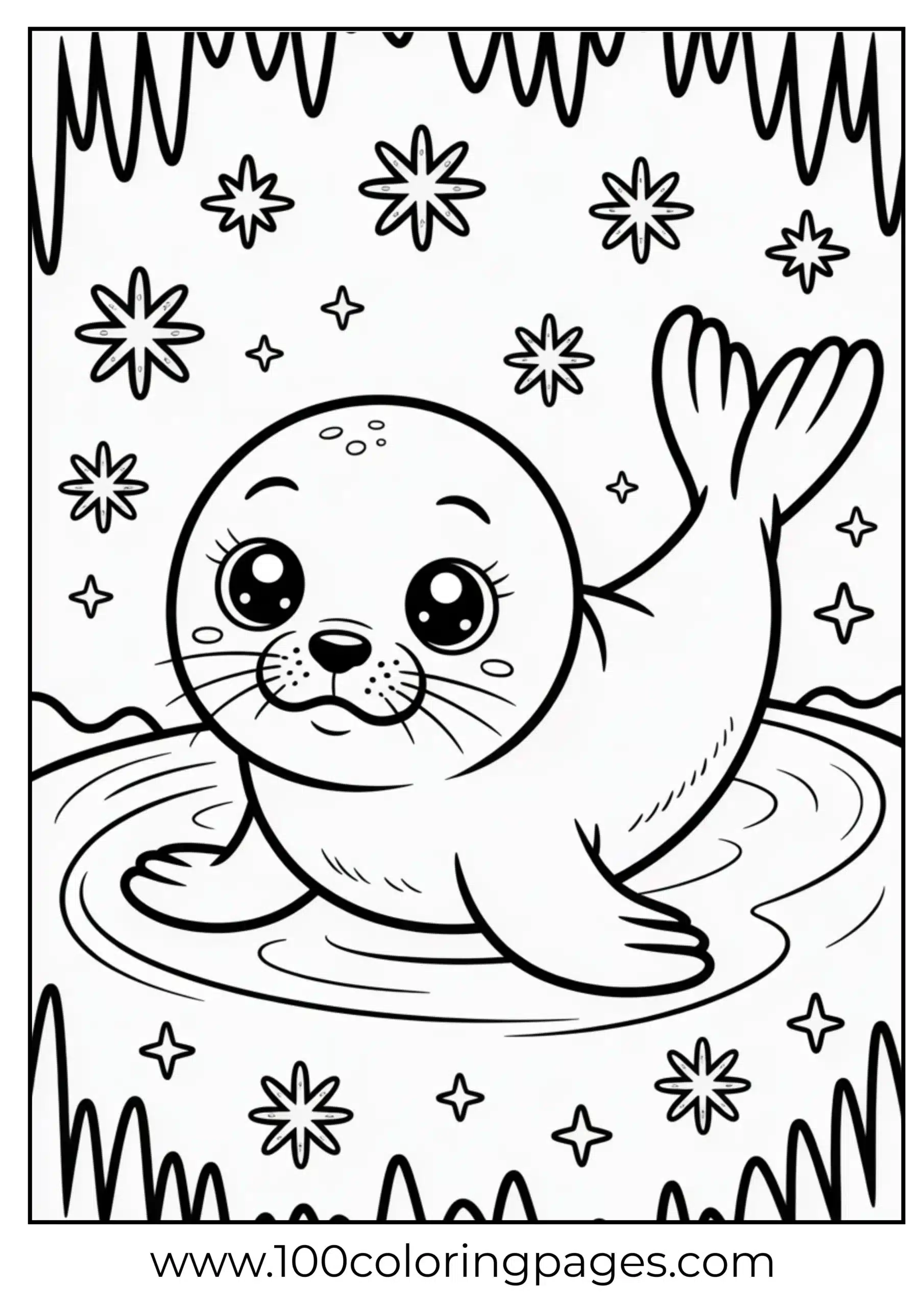 Seal sliding on ice with smile coloring page