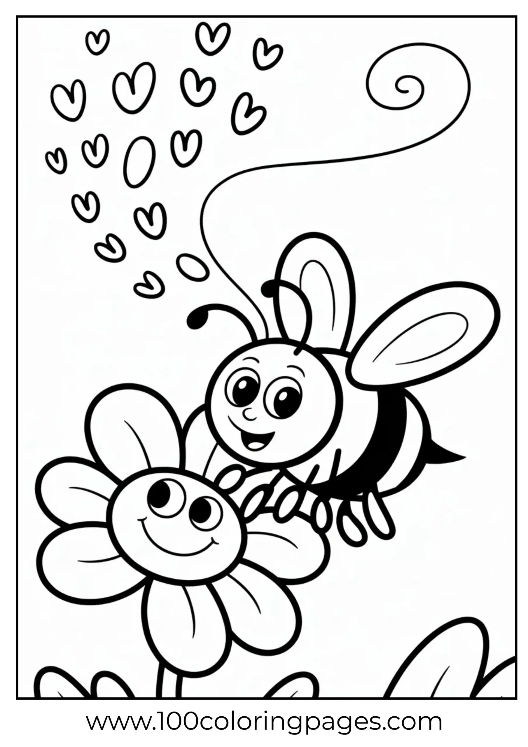 Kawaii bee flying over flower coloring page