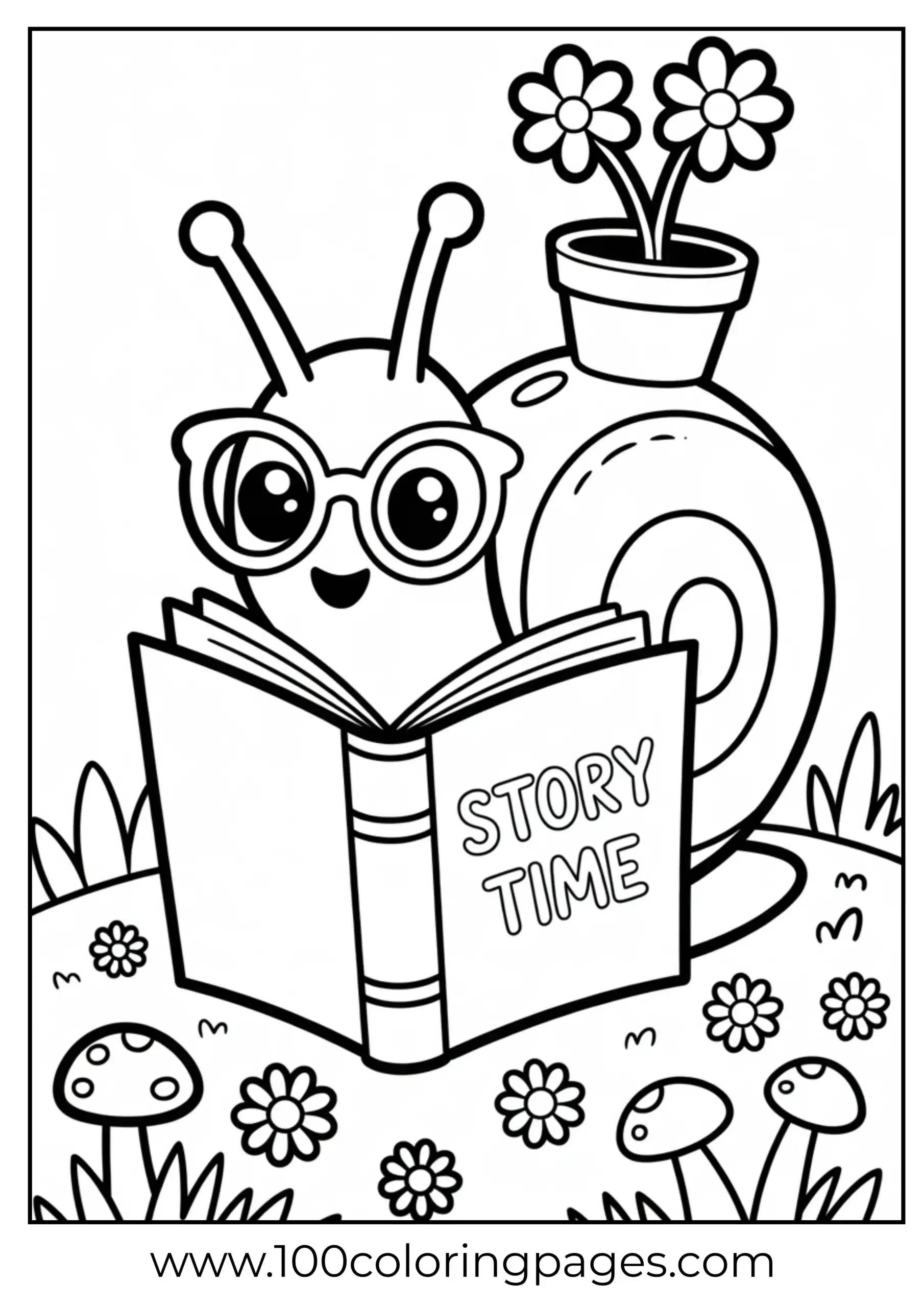Snail with glasses and book coloring page