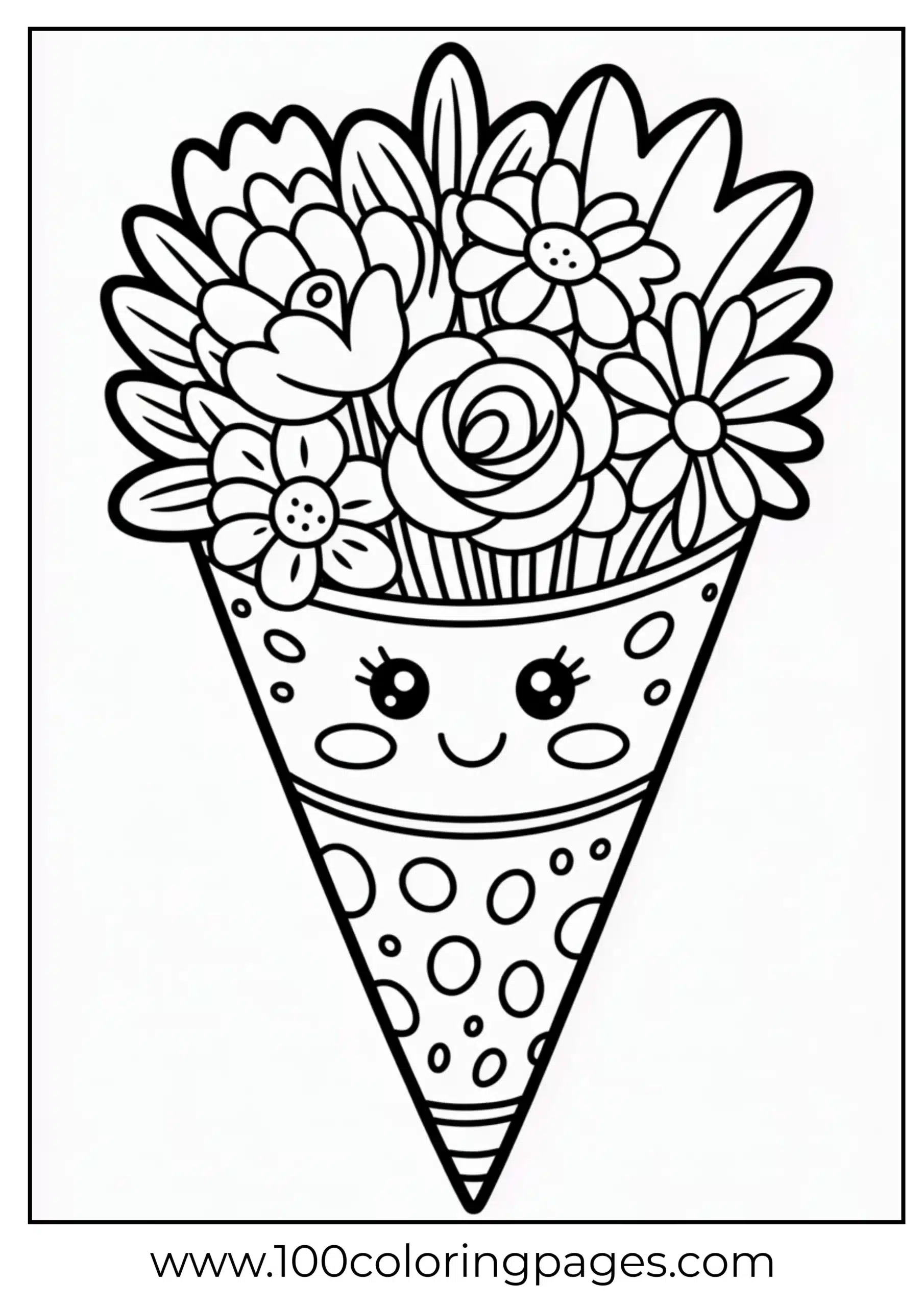 Bouquet in cone wrapper with face coloring page