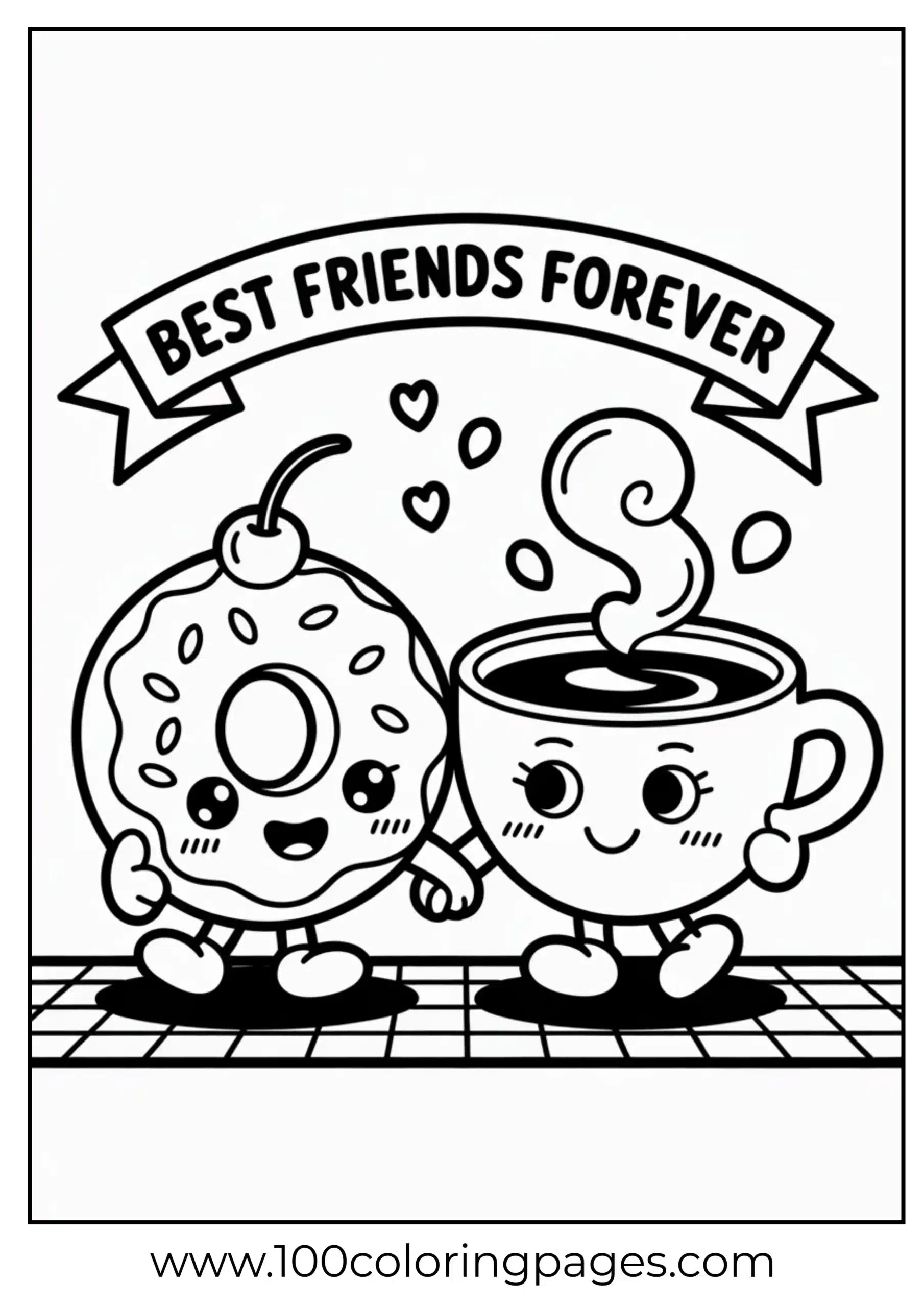 Donut and coffee characters holding hands coloring page