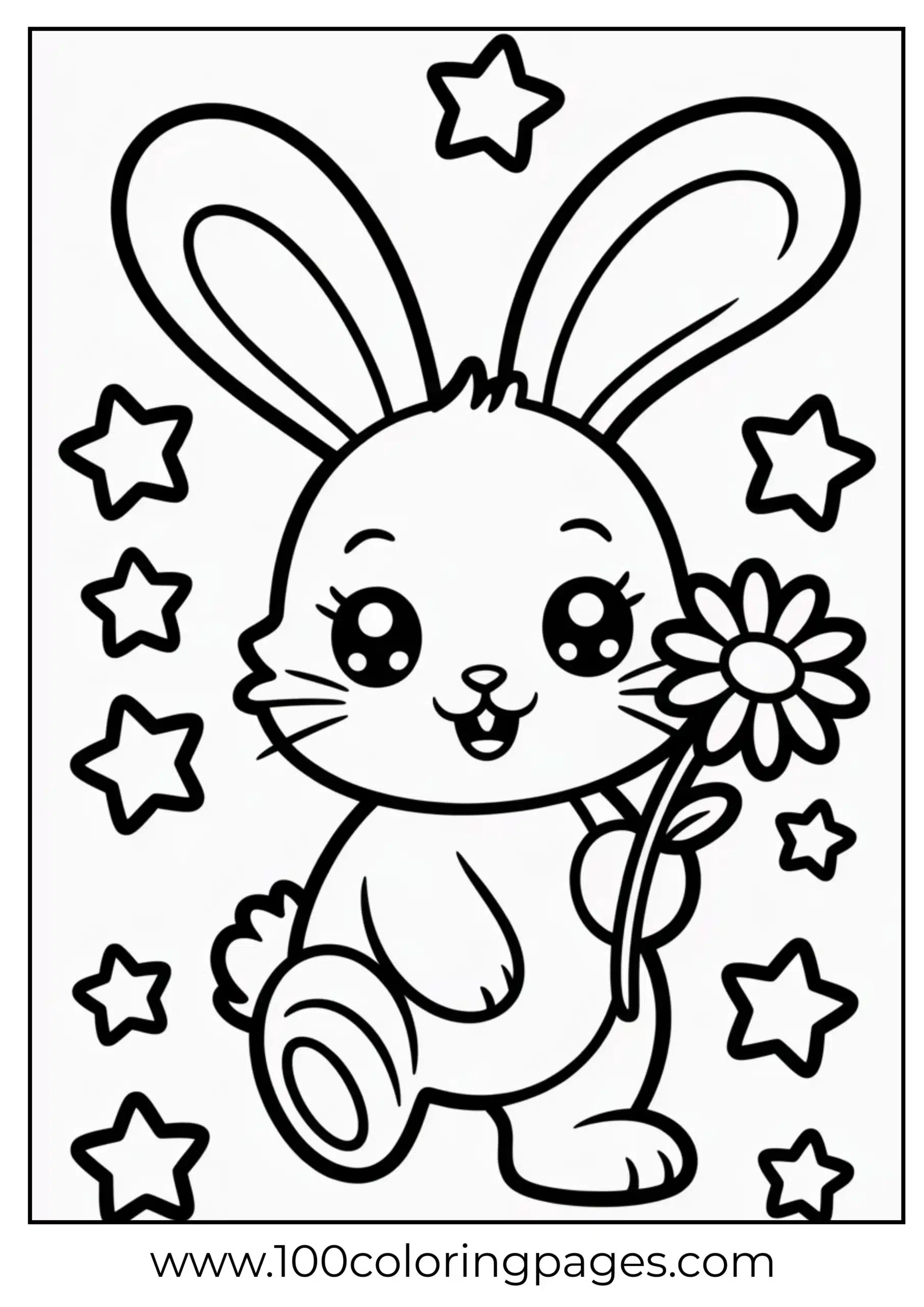 Kawaii bunny with flower coloring page