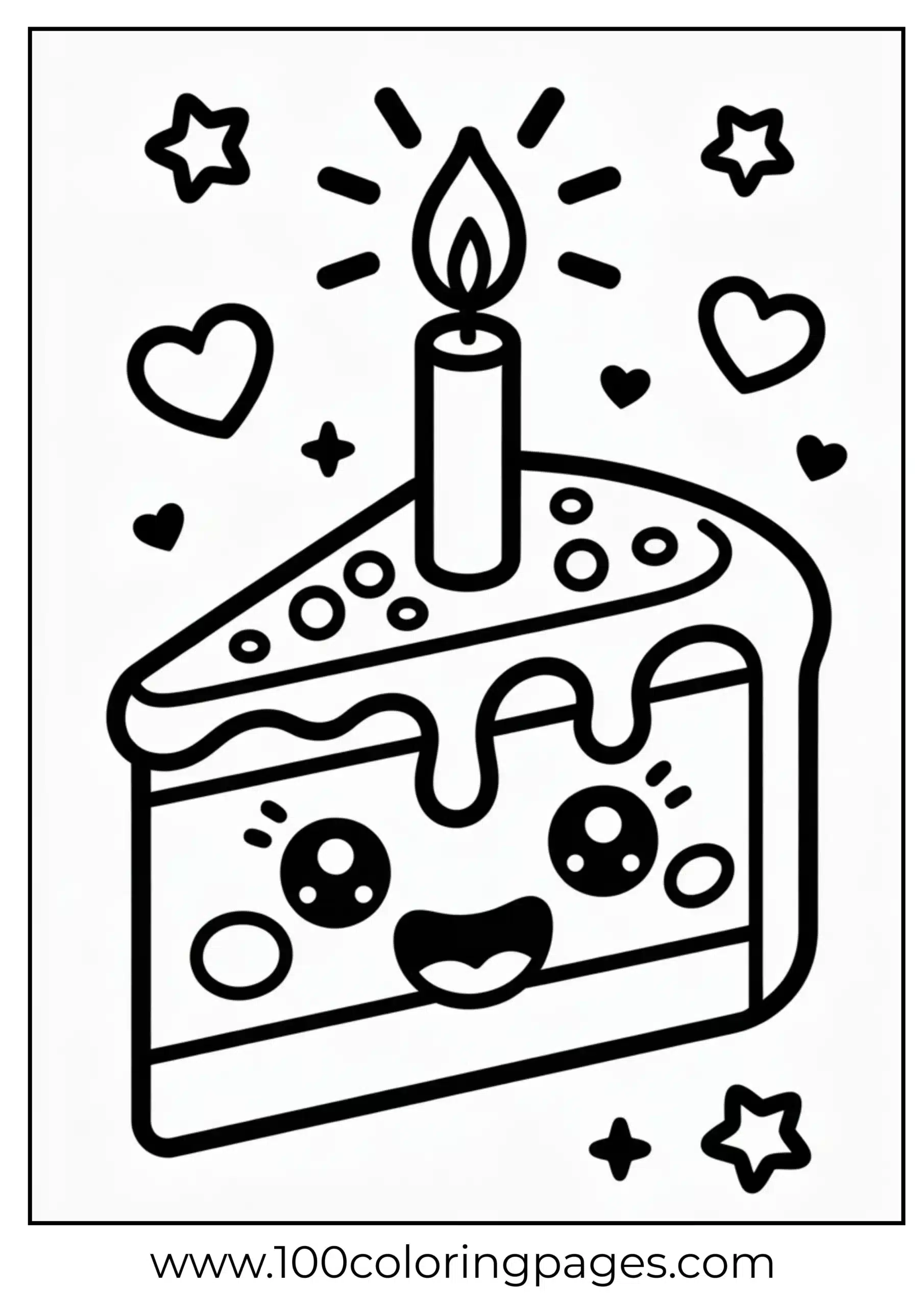 Cake slice with candle and smile coloring page