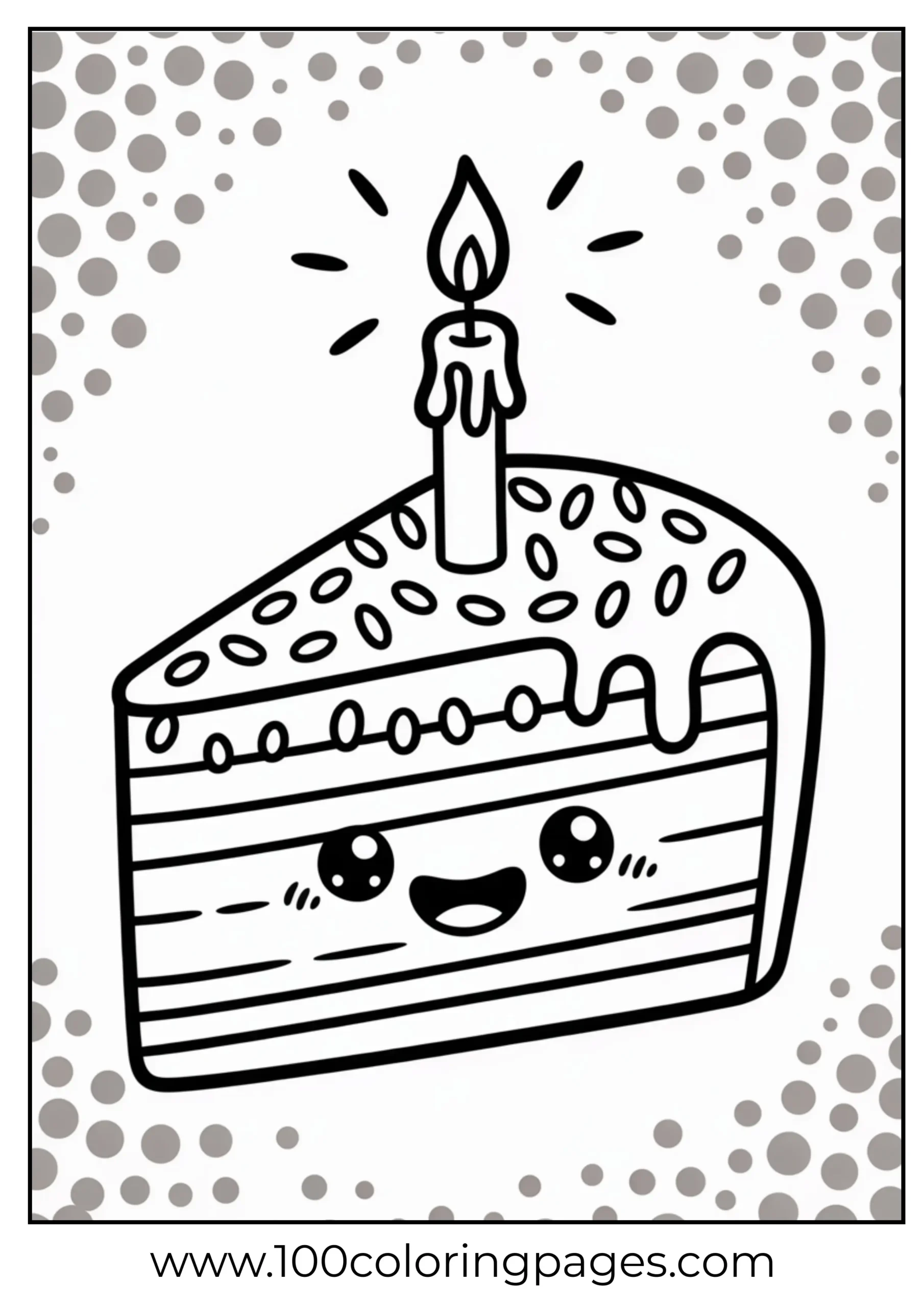 Rainbow cake slice smiling with candle coloring page