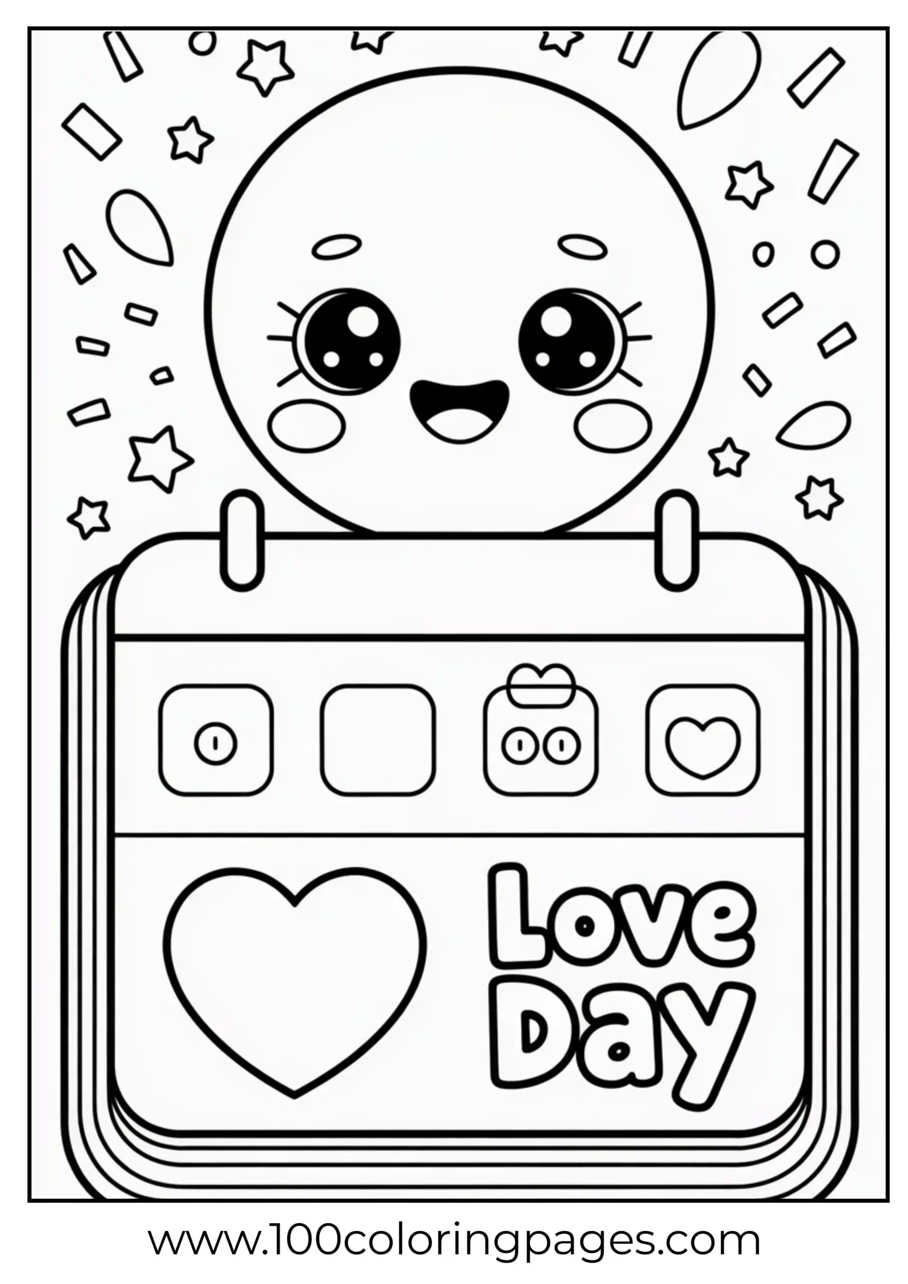 Calendar with smiling face and heart coloring page