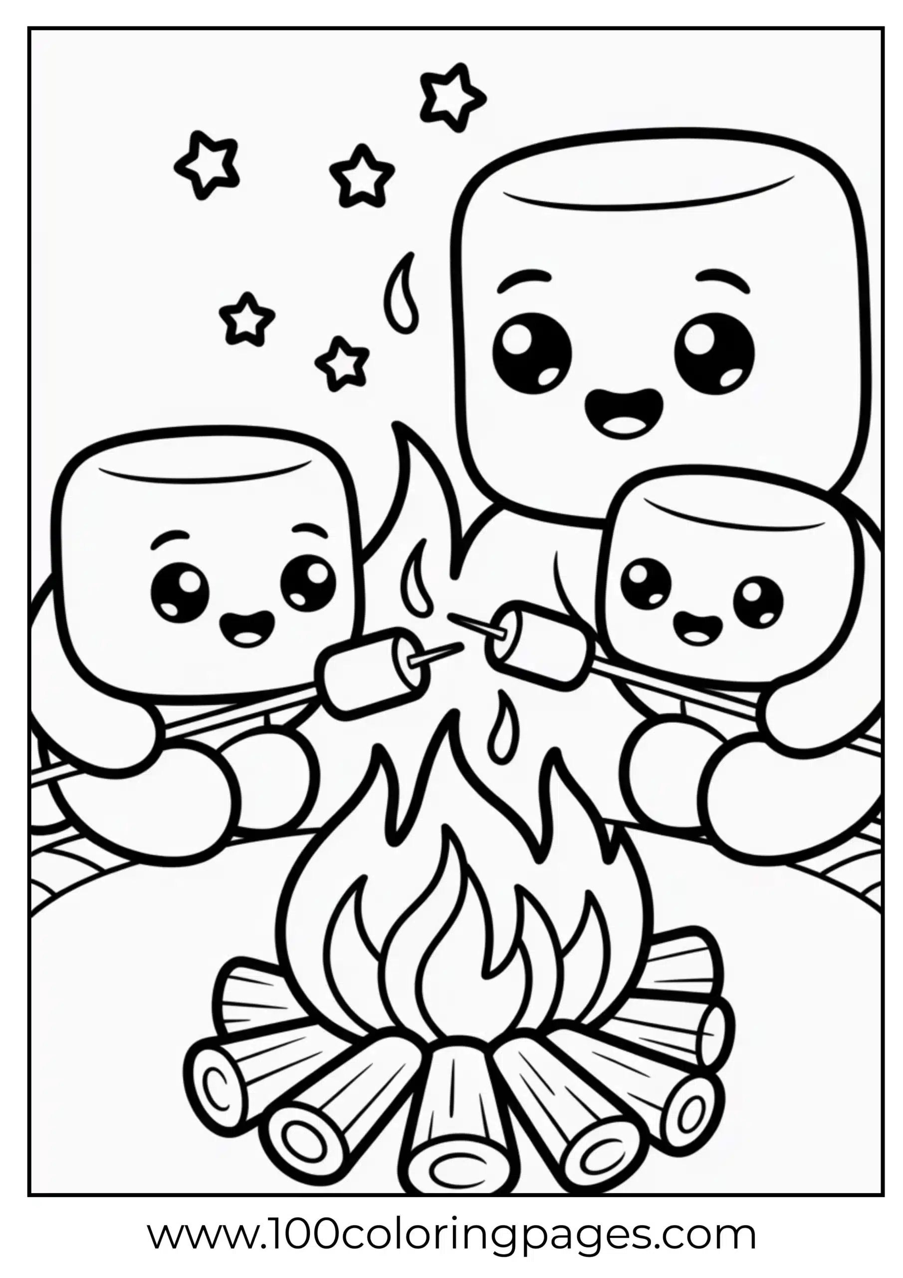 Marshmallow family roasting on fire coloring page