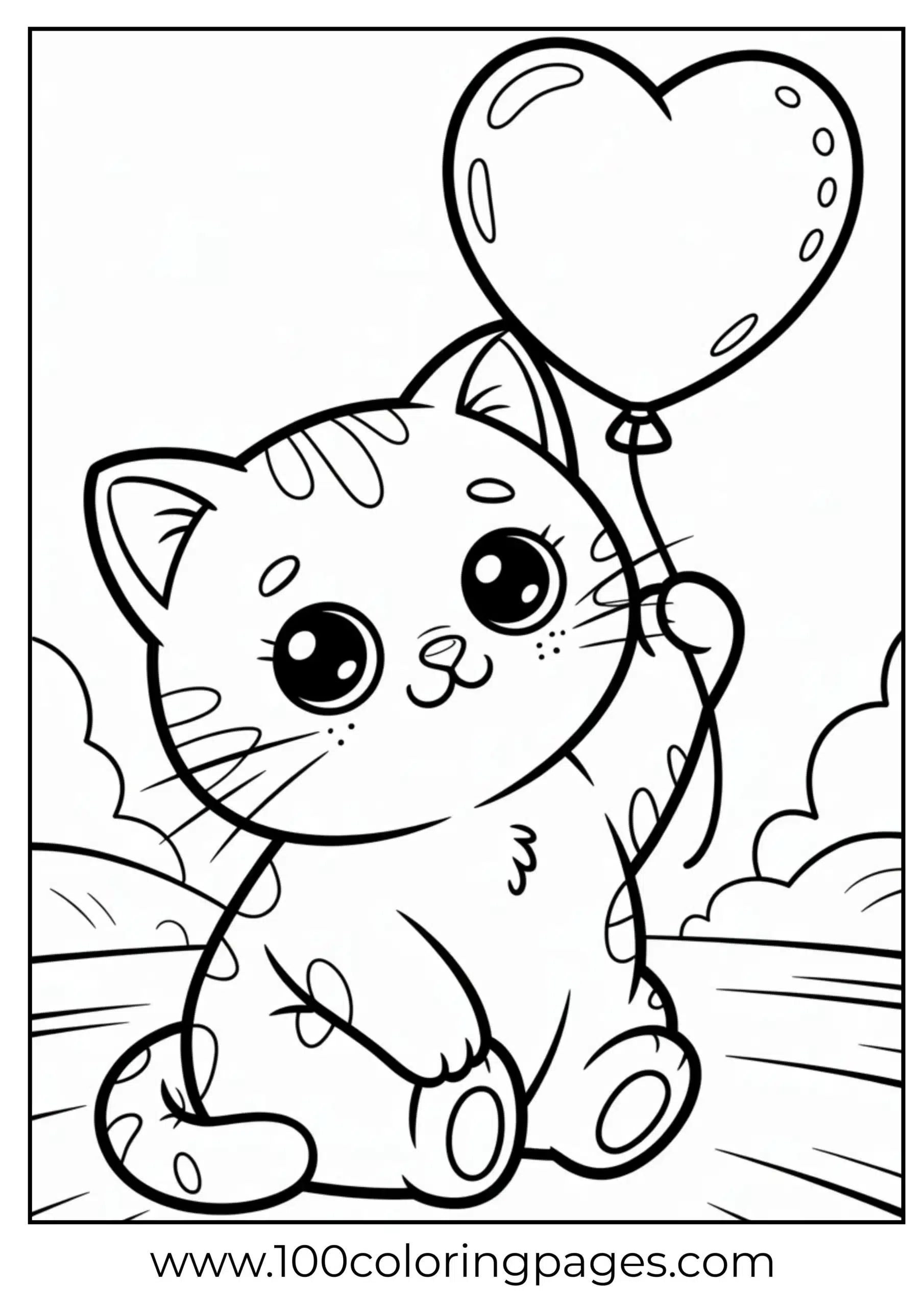 Kawaii cat holding heart balloon coloring page