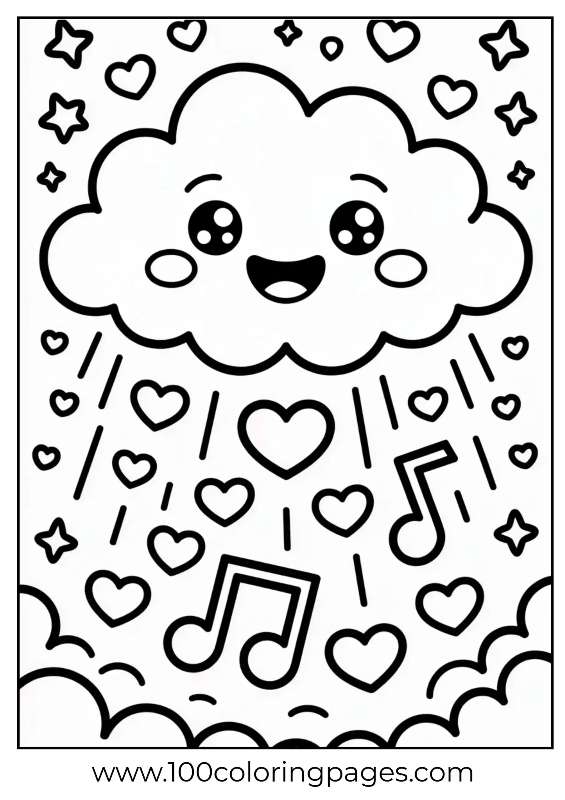 Smiling cloud with hearts and notes coloring page