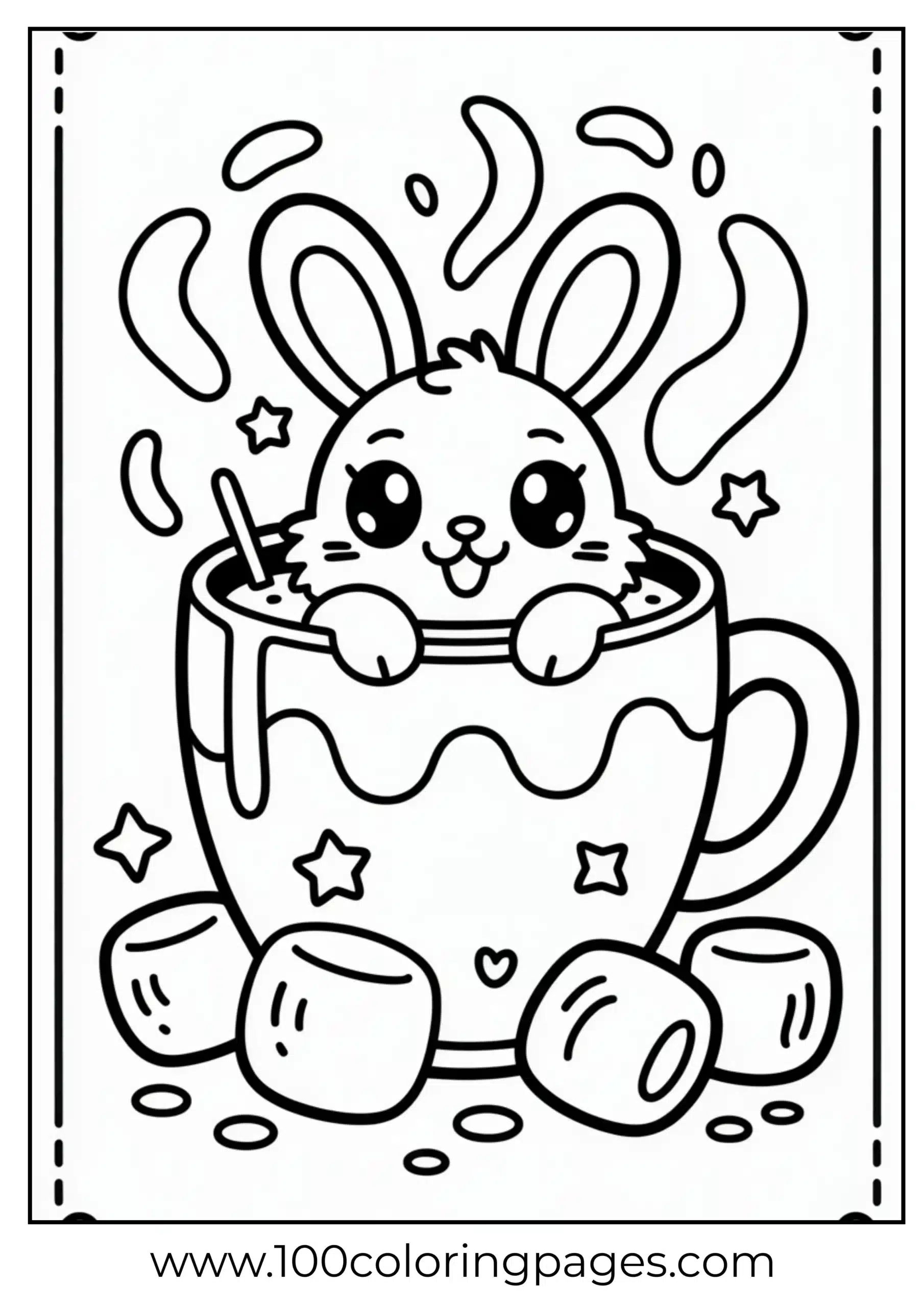 Bunny in cocoa mug with marshmallows coloring page