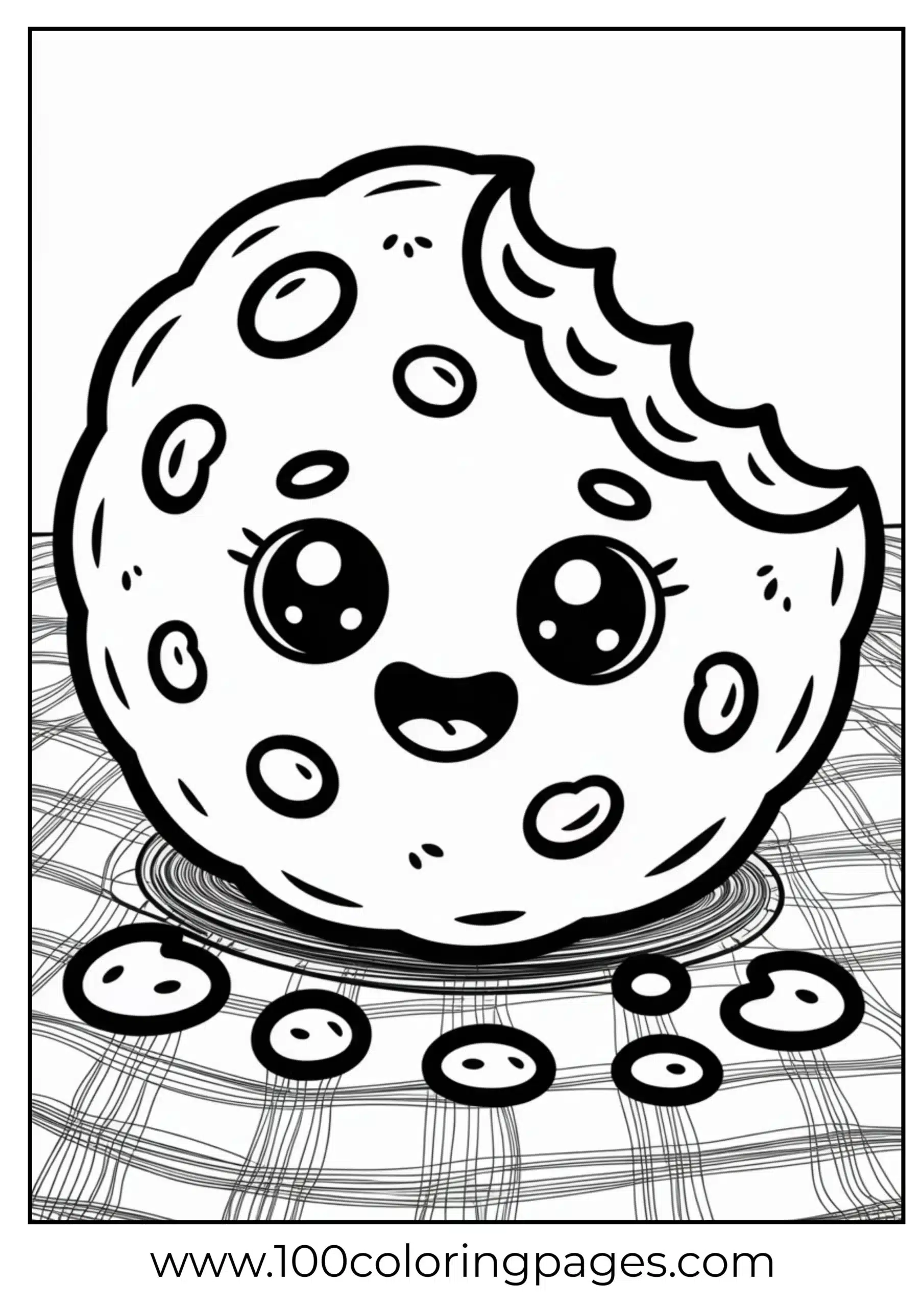Cookie with bite and crumbs smiling coloring page