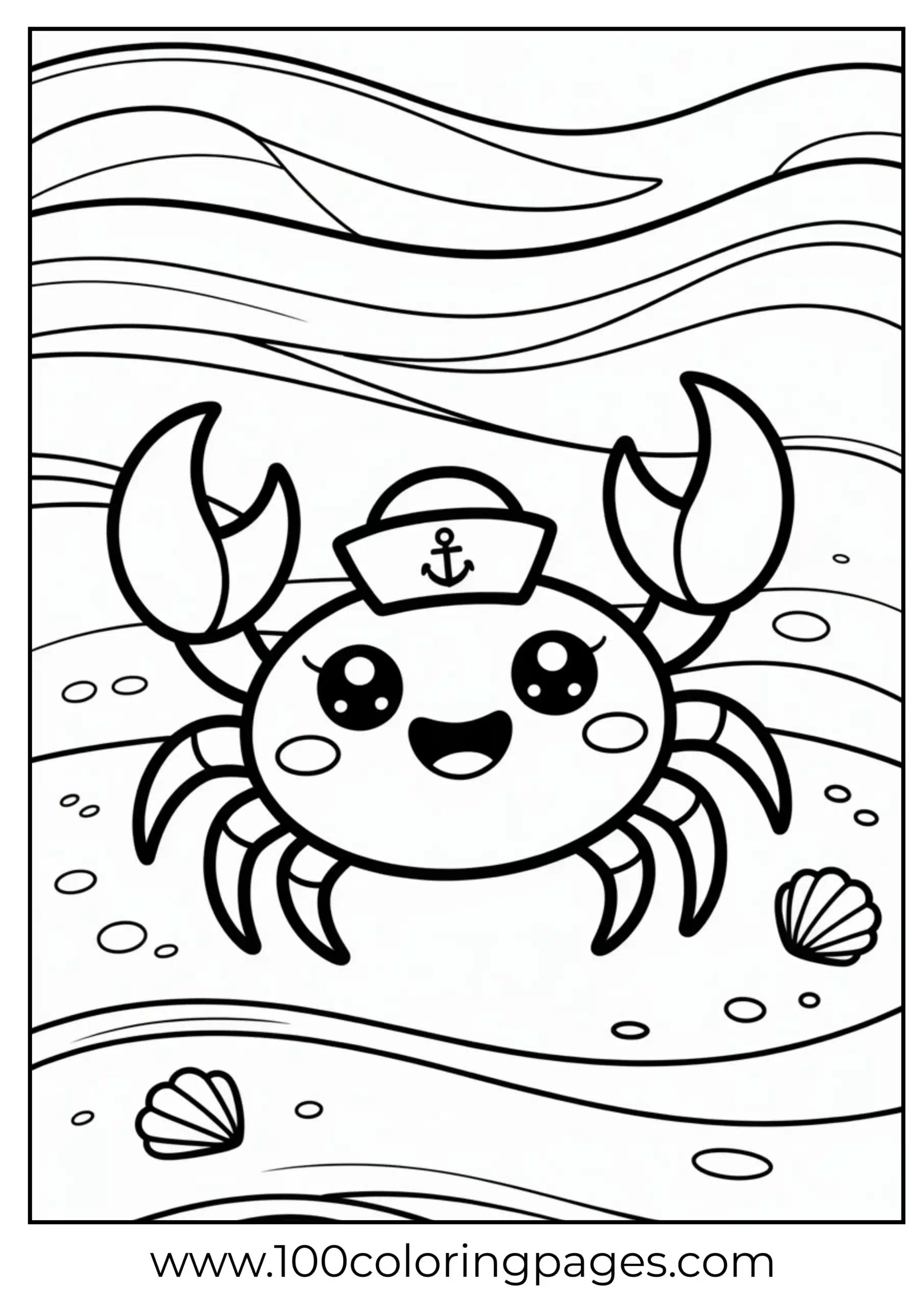 Crab with sailor hat and smile coloring page