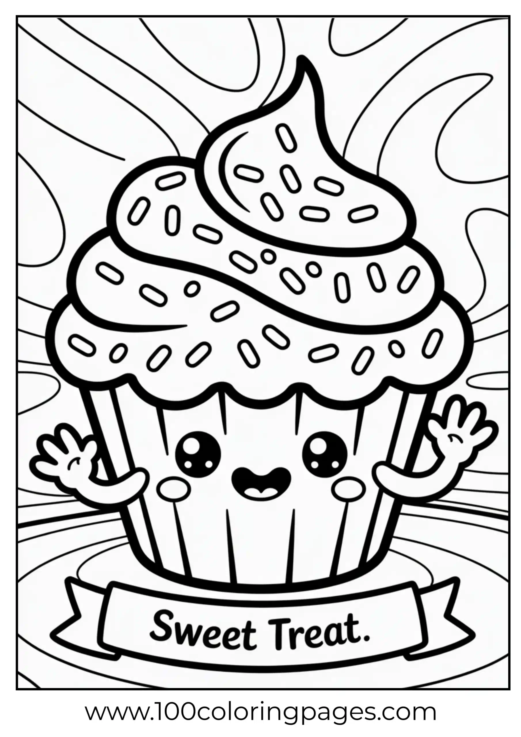 Smiling kawaii cupcake waving coloring page