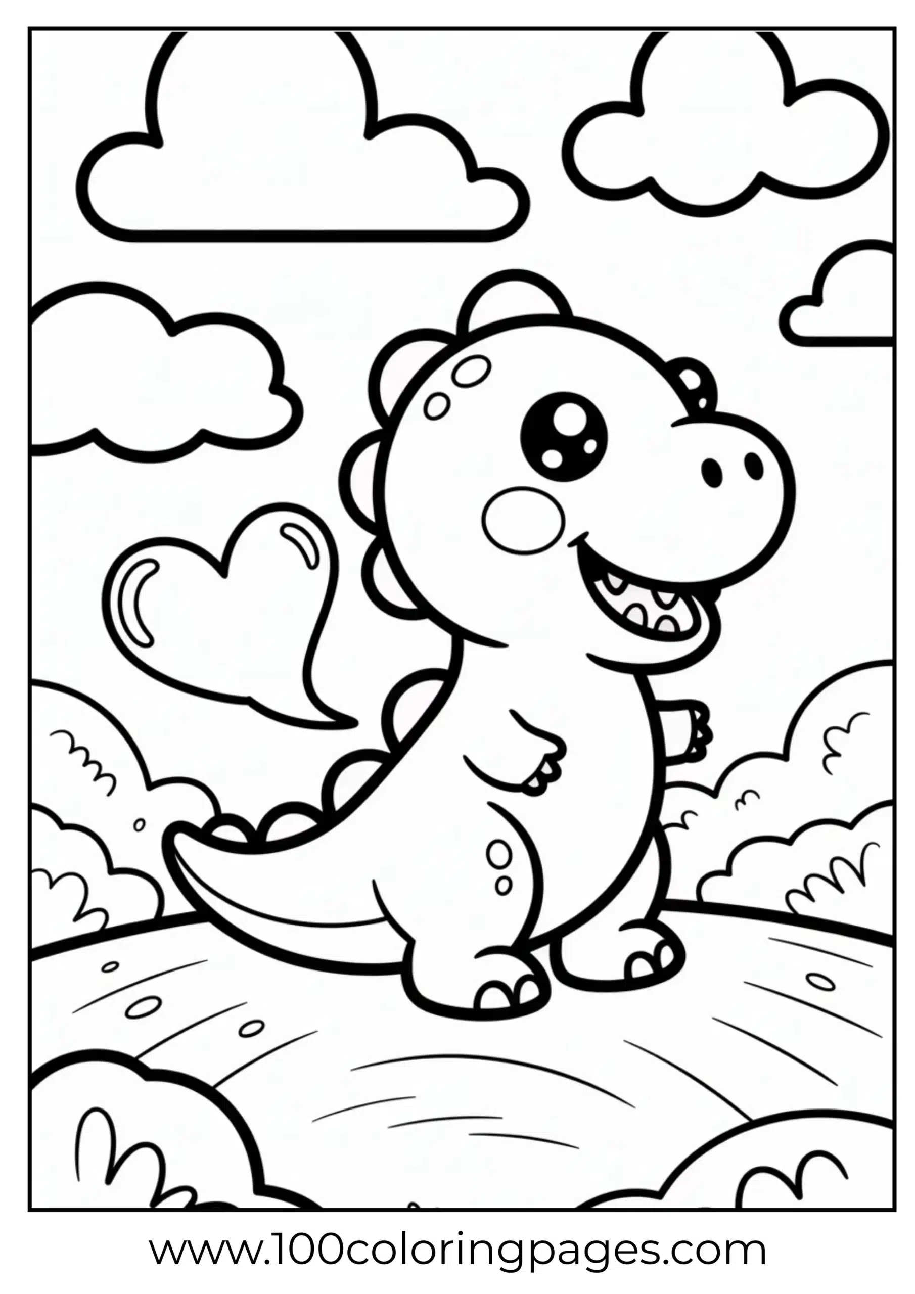 Smiling dinosaur blowing heart bubble coloring page