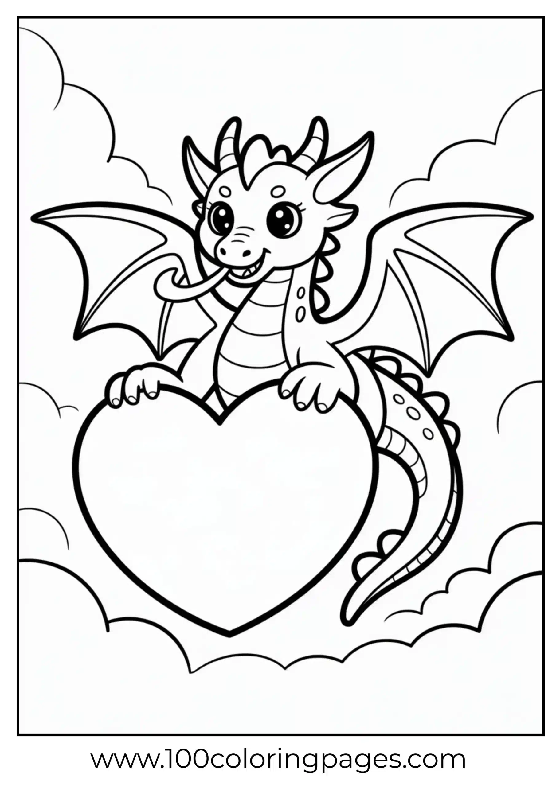 Kawaii dragon with heart puff coloring page