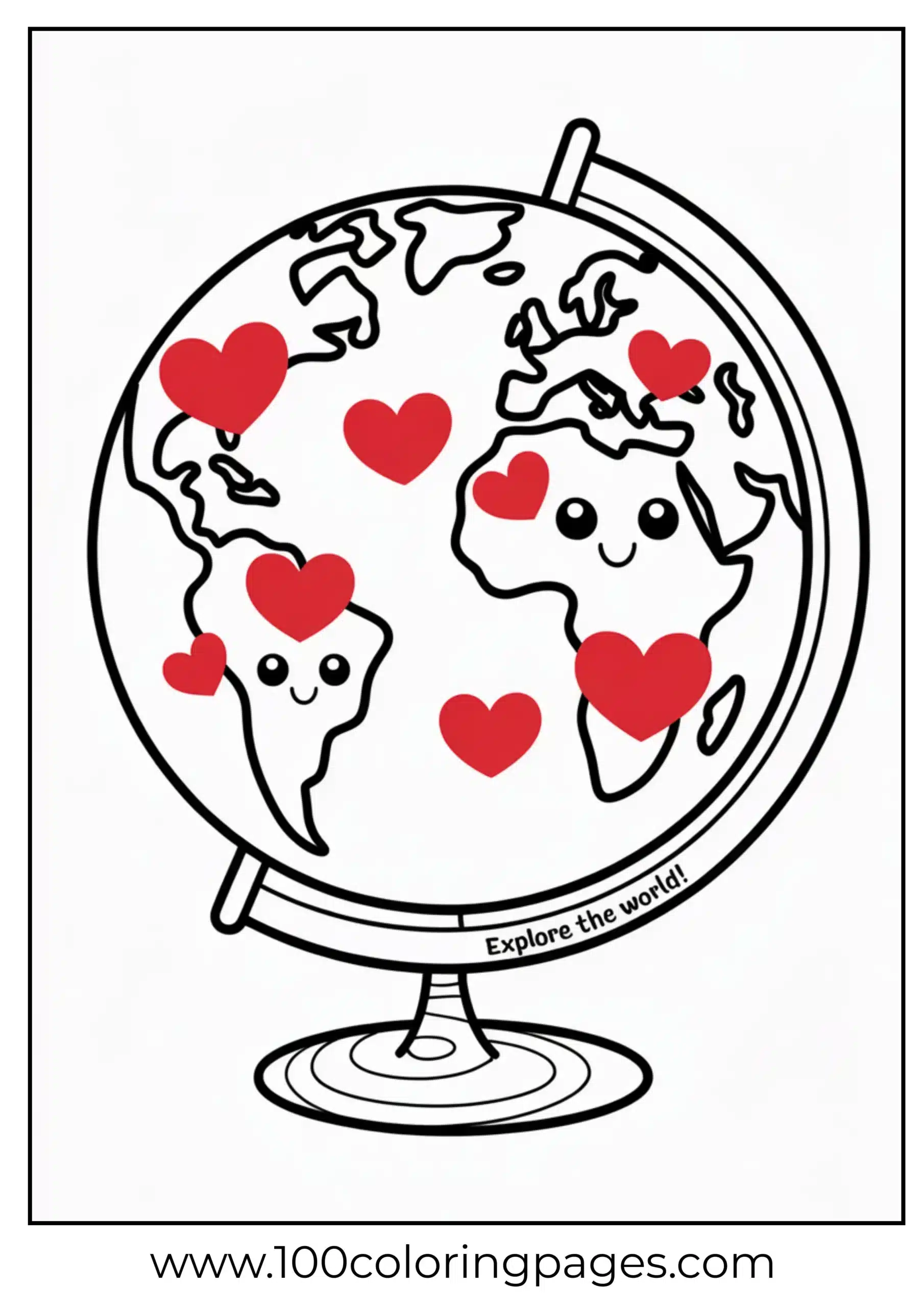 Smiling planet Earth with hearts orbiting coloring page
