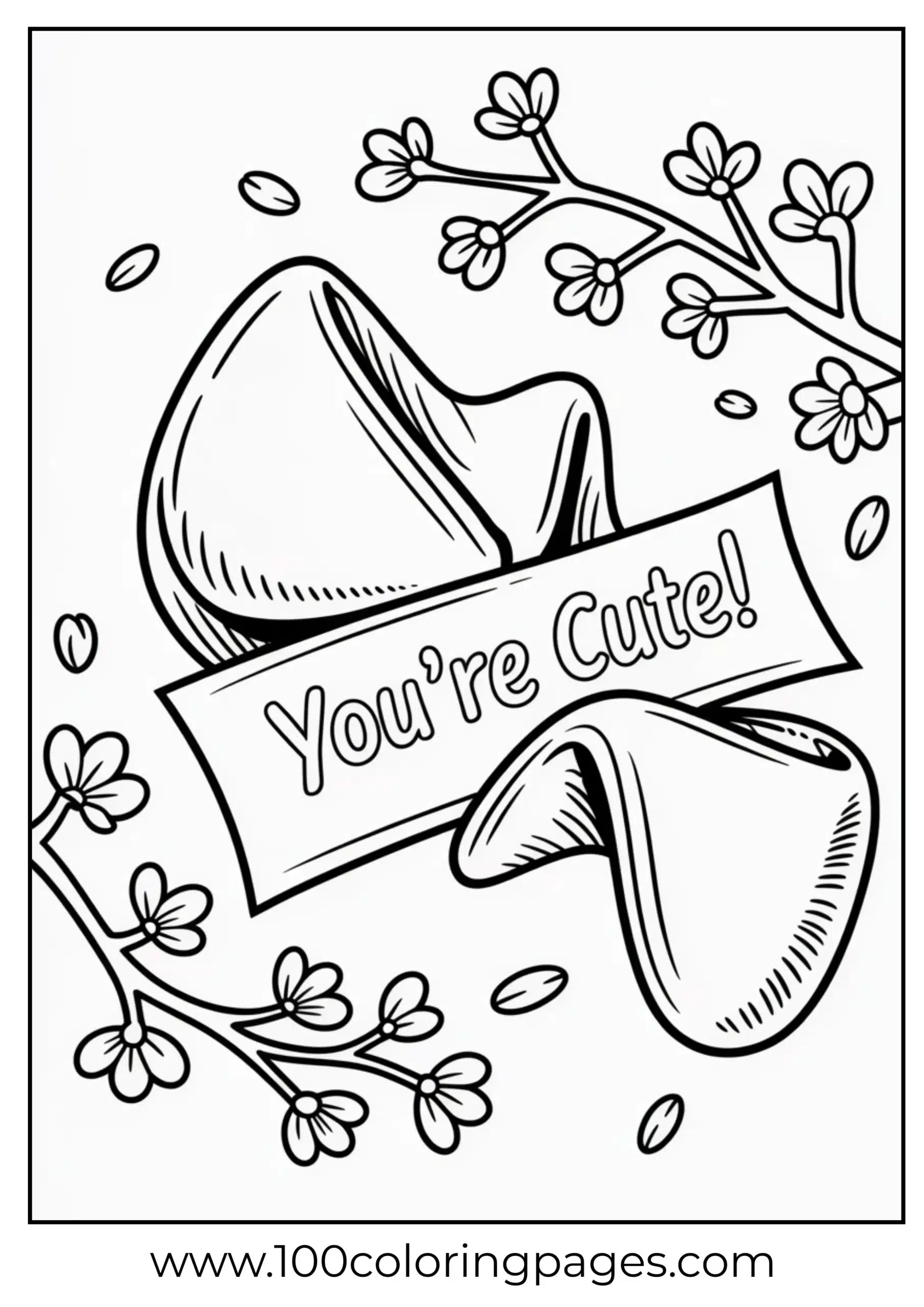 Fortune cookie with message and happy face coloring page