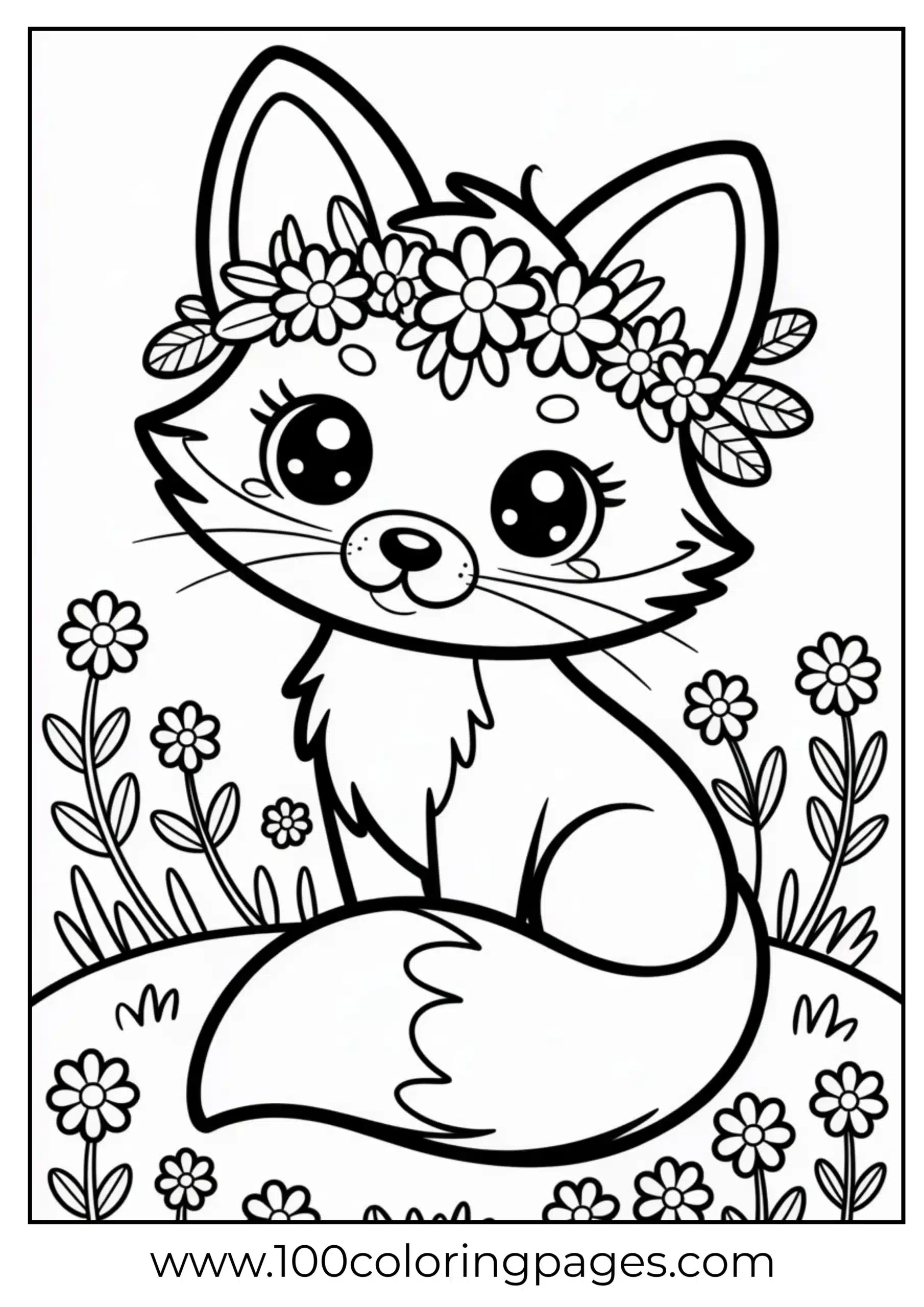 Kawaii fox with flower crown coloring page