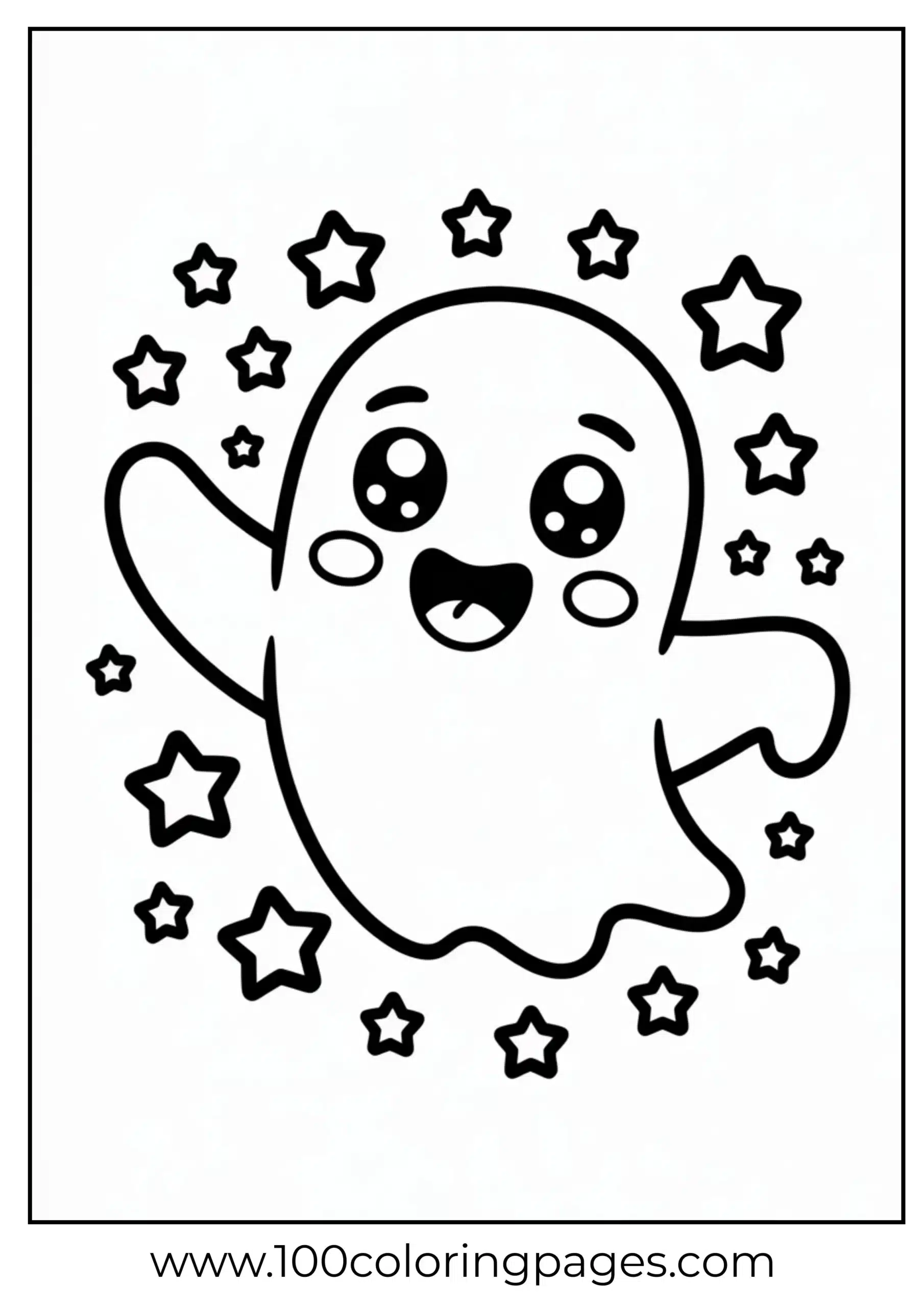 Smiling ghost waving with stars coloring page