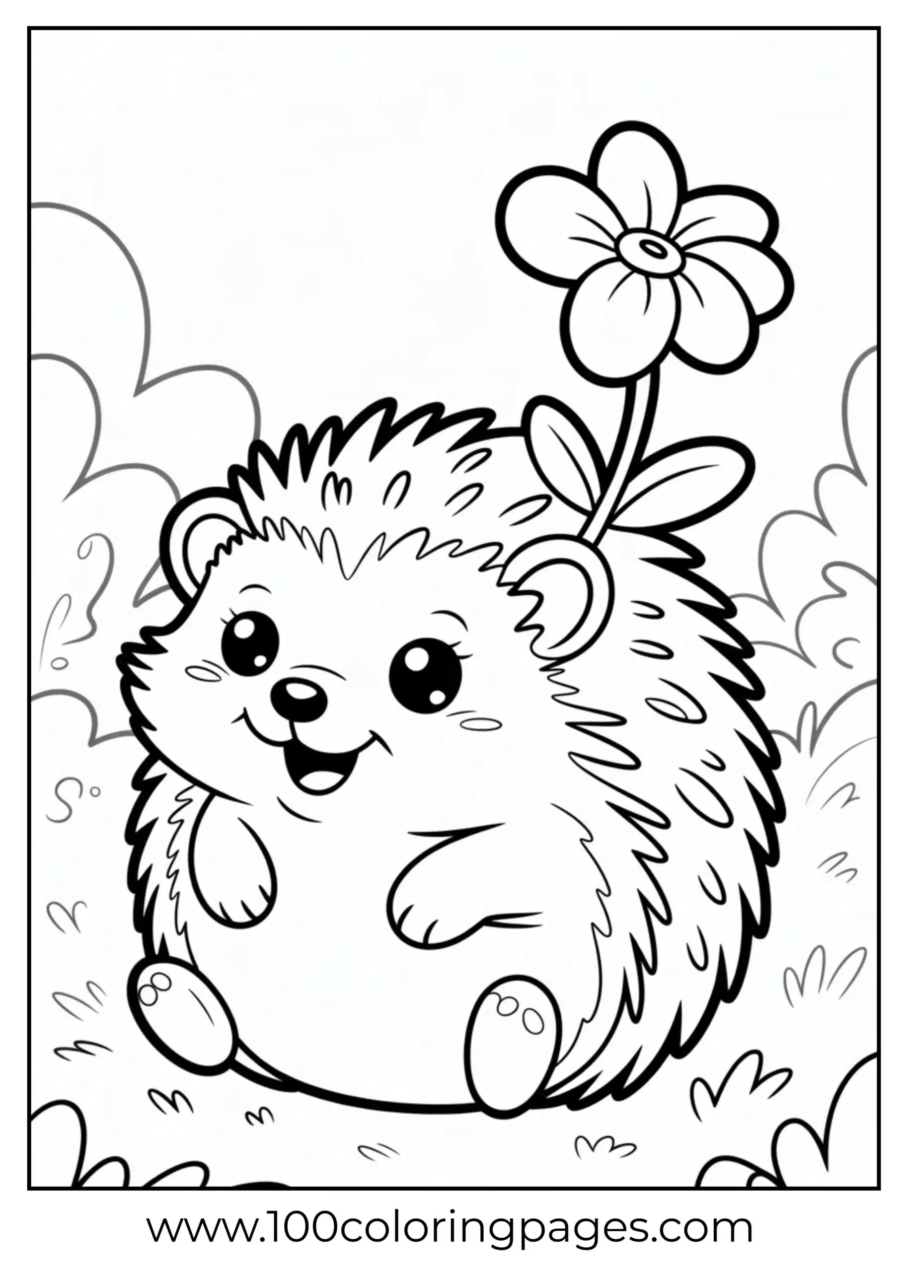 Hedgehog curled up with flower coloring page