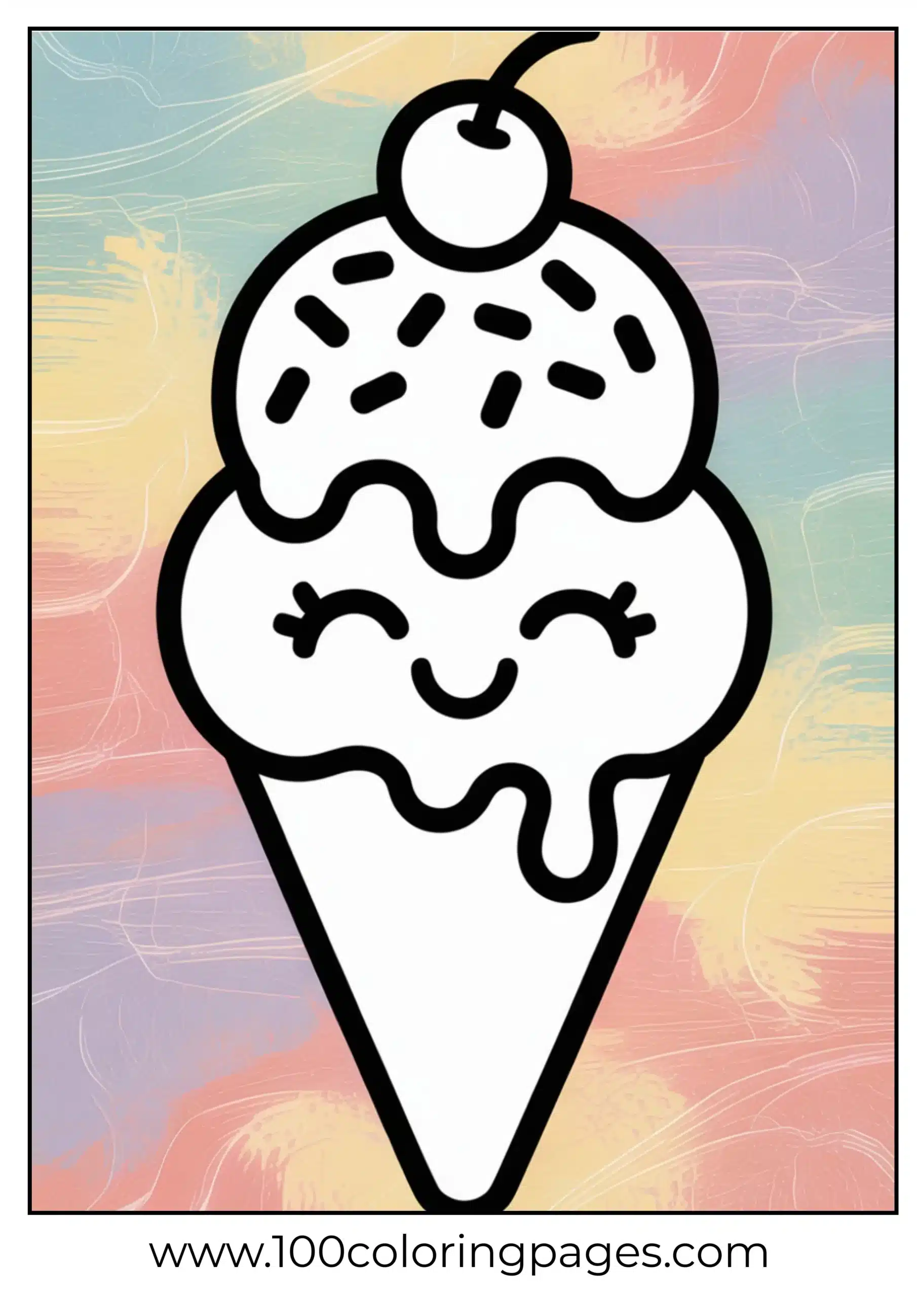 Ice cream with cherry and smiling scoops coloring page