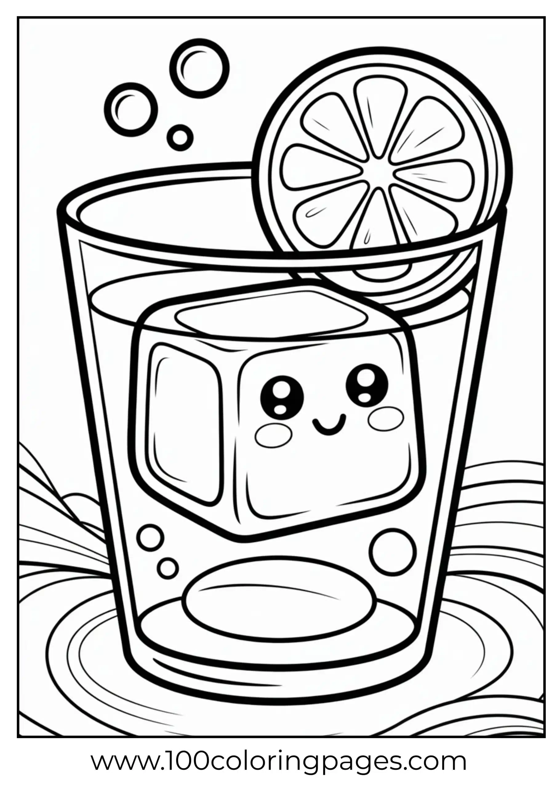 Ice cube with lemon and happy face coloring page