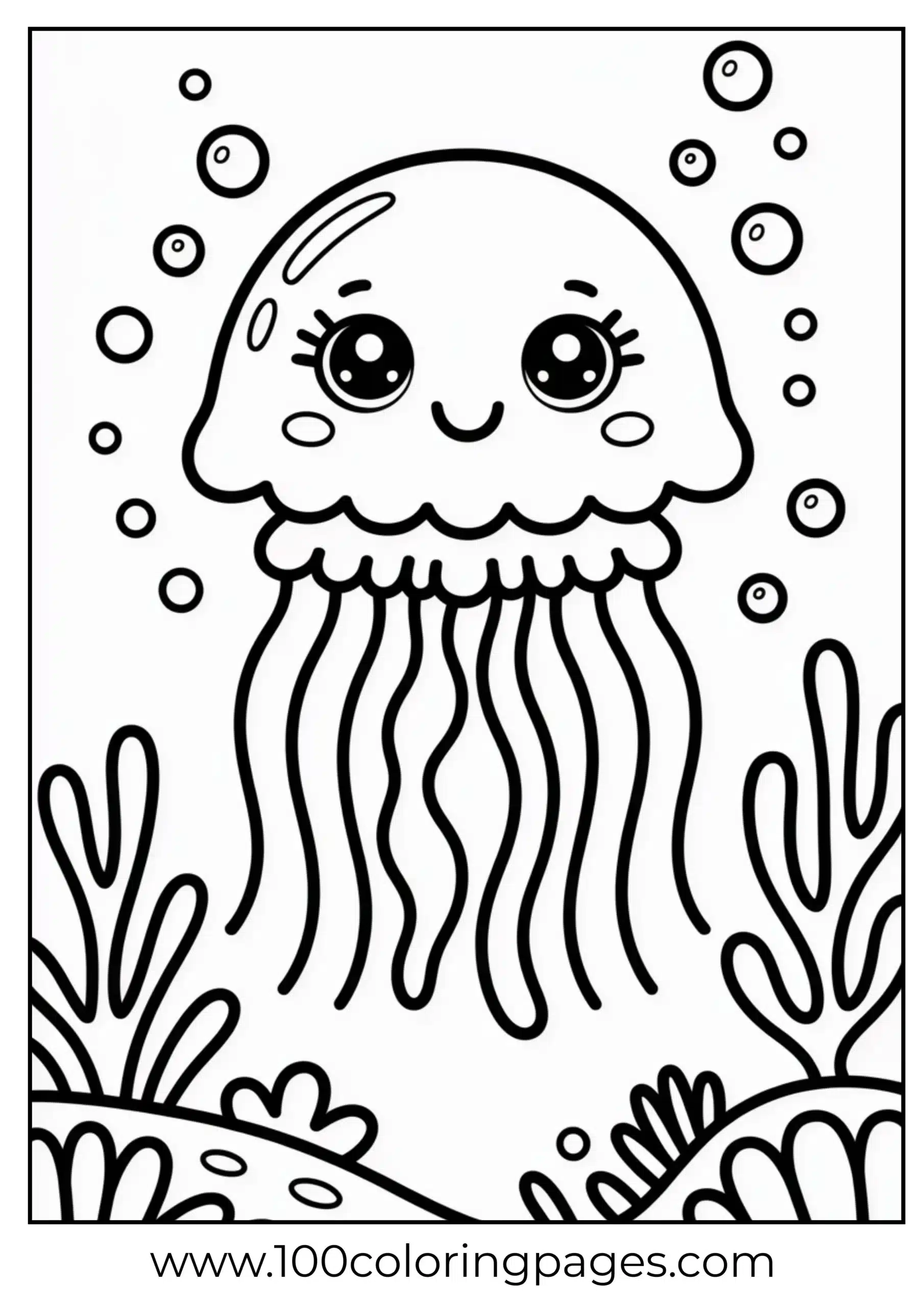 Smiling jellyfish with bubbles coloring page