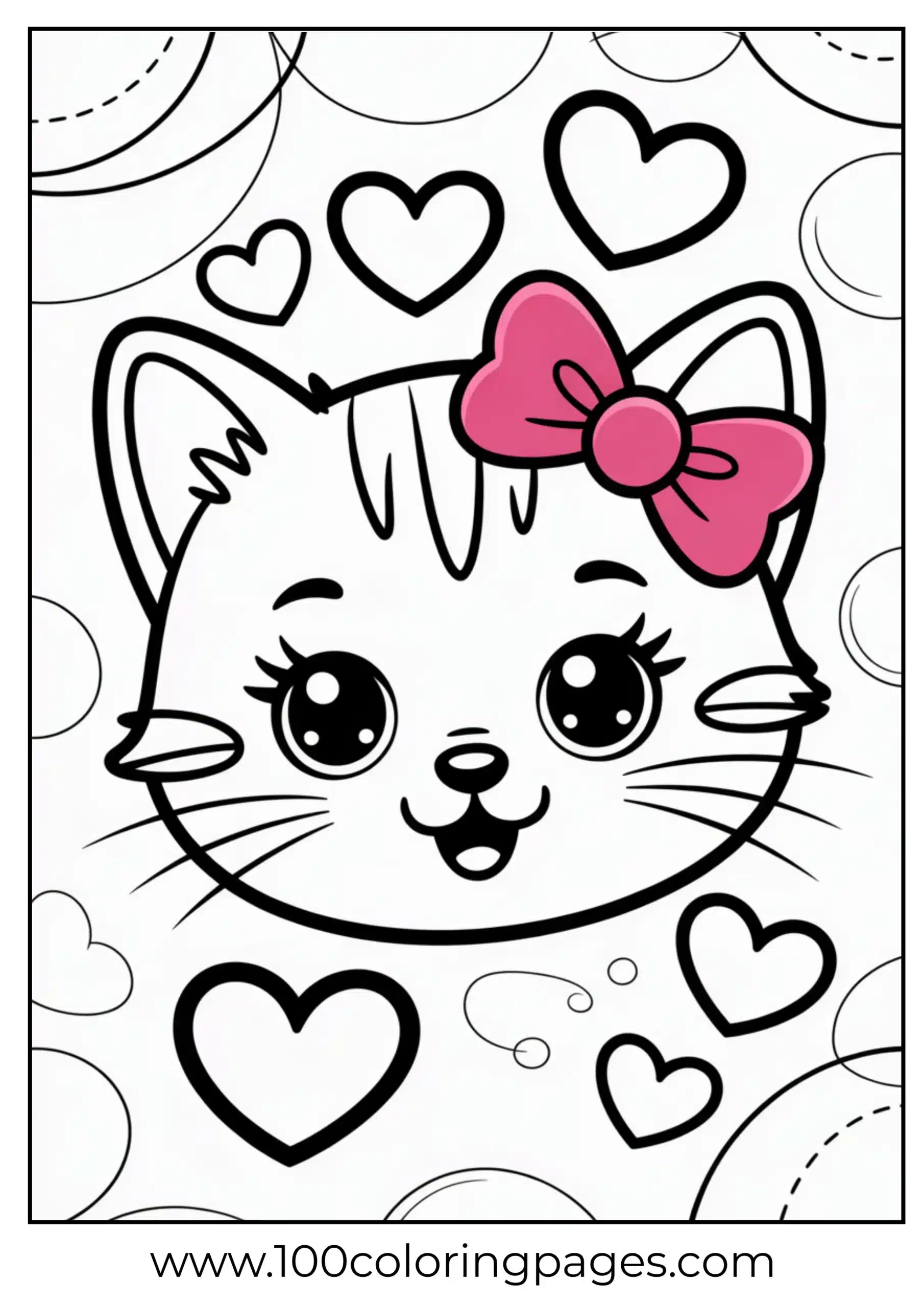 Kitten face with bow and hearts coloring page