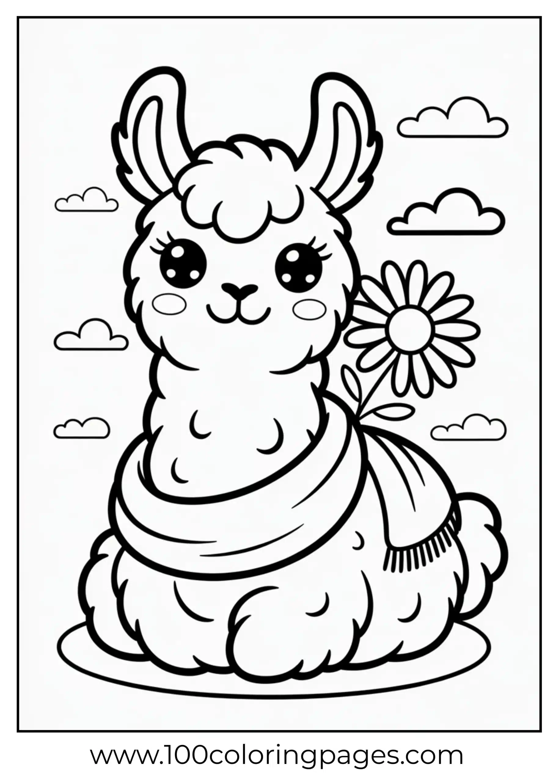 Kawaii llama sitting with flower coloring page