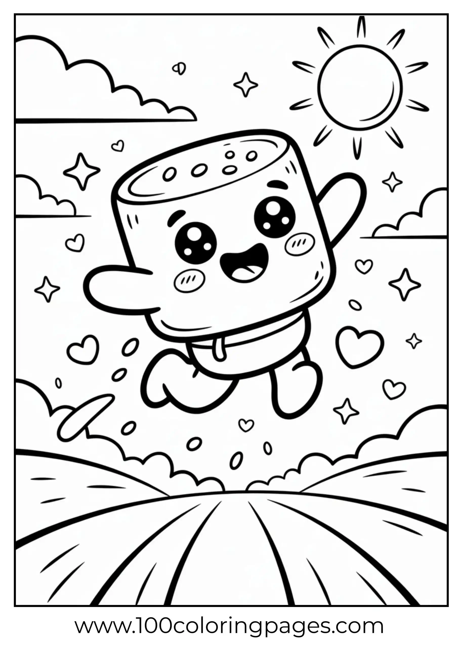 Marshmallow character jumping with sparkles coloring page