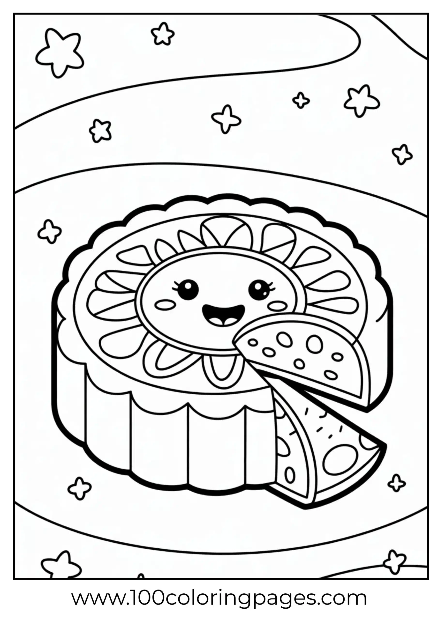 Smiling mooncake with bite missing coloring page