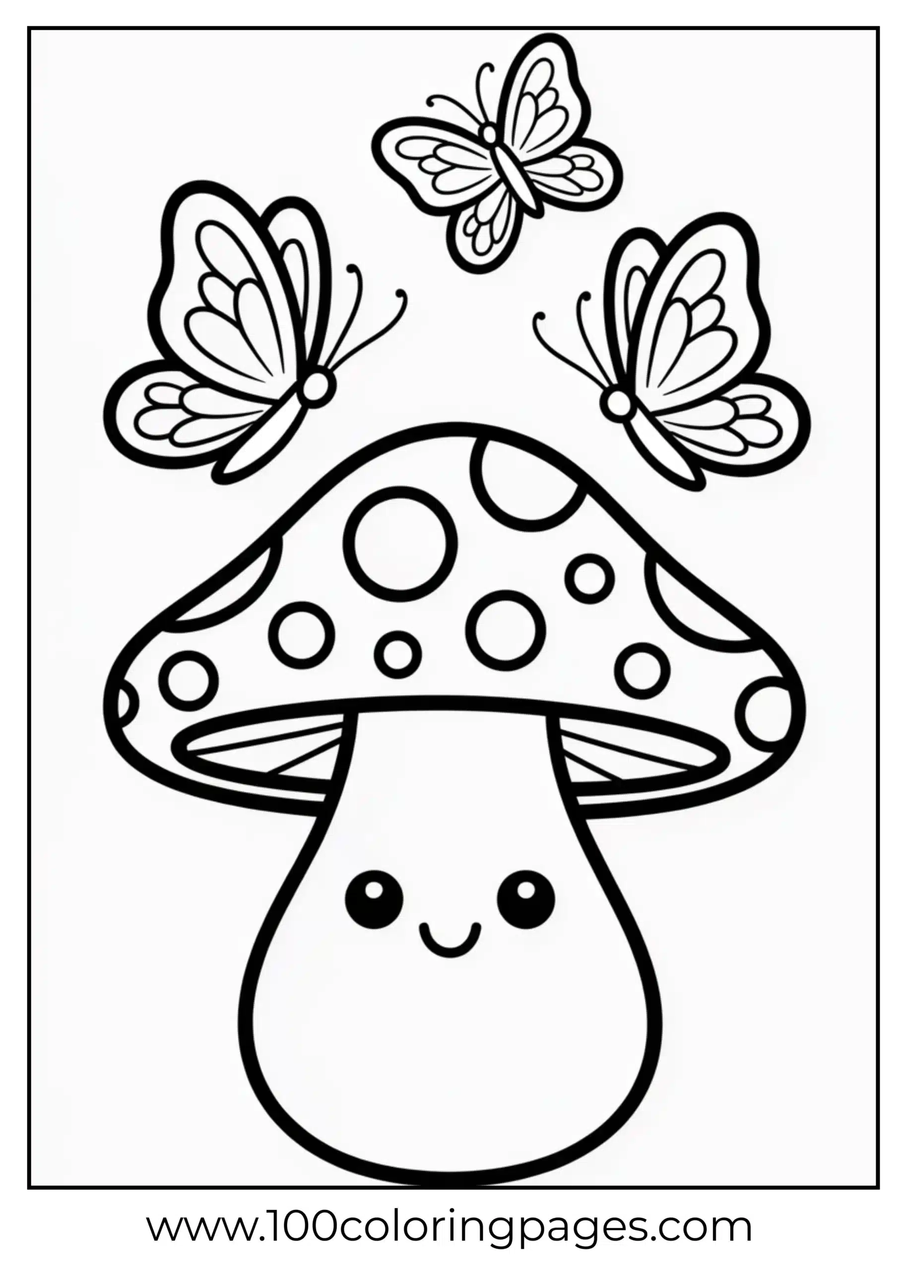 Smiling mushroom with butterflies coloring page