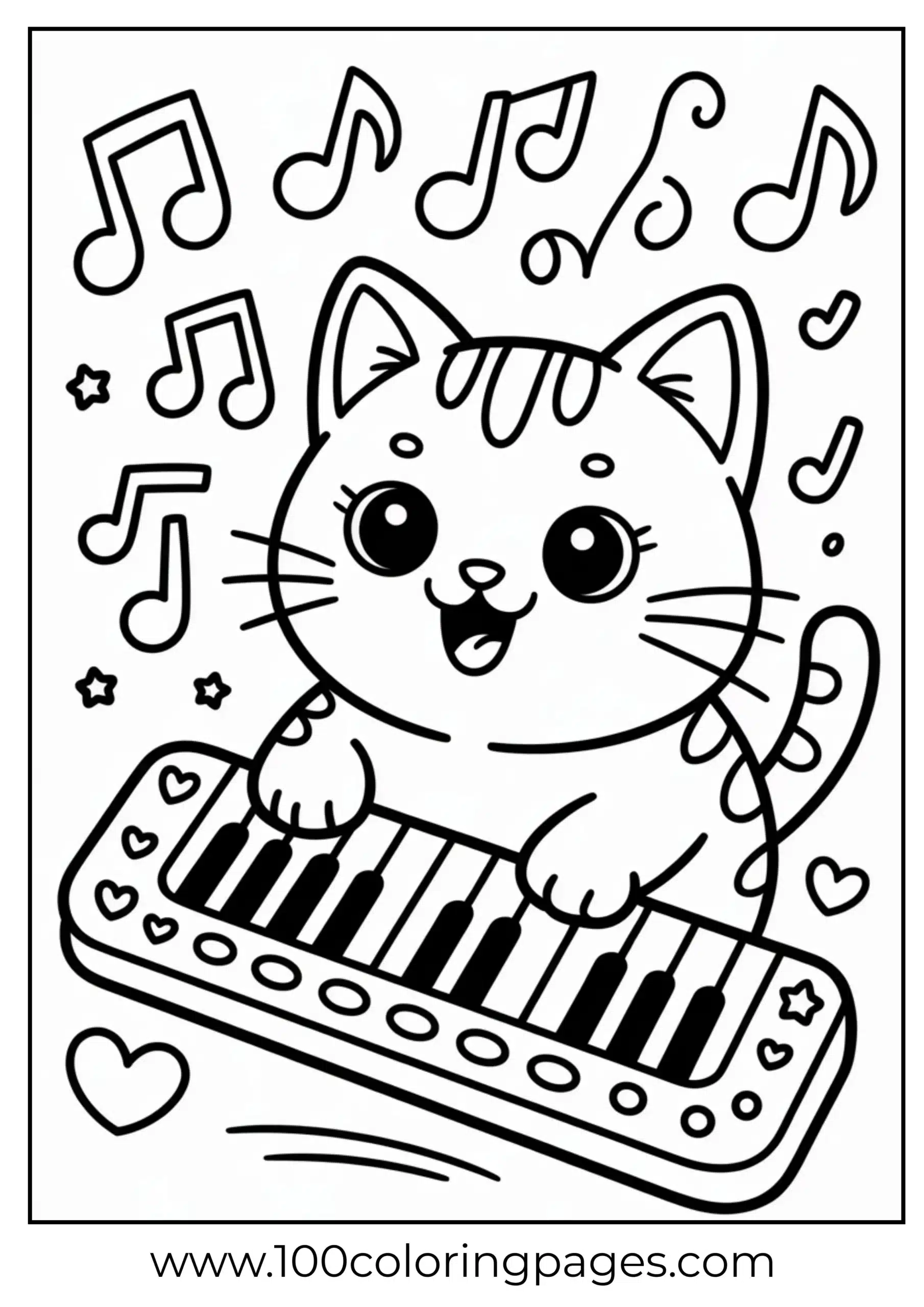 Cat playing keyboard with notes coloring page