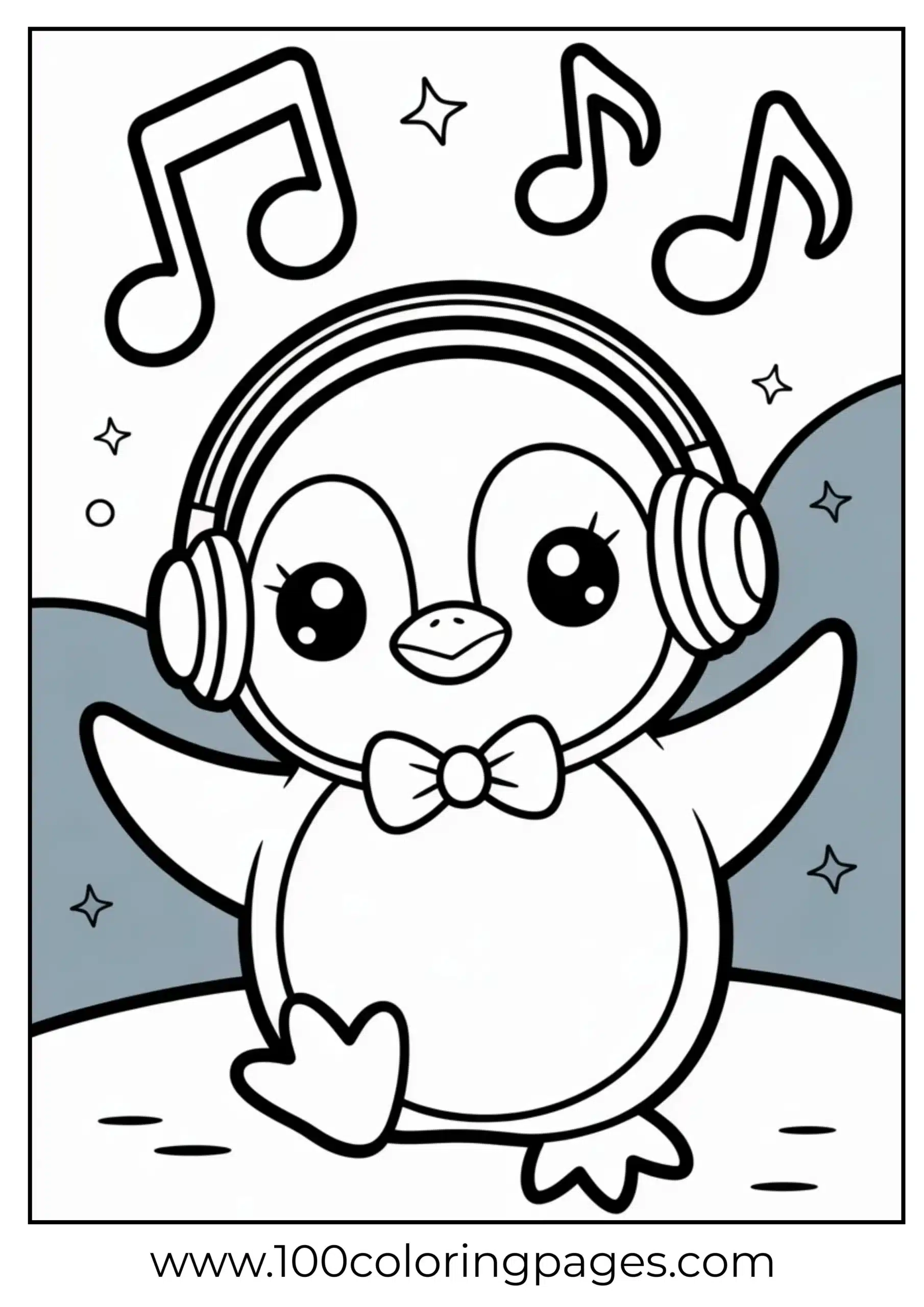 Penguin with headphones and notes coloring page