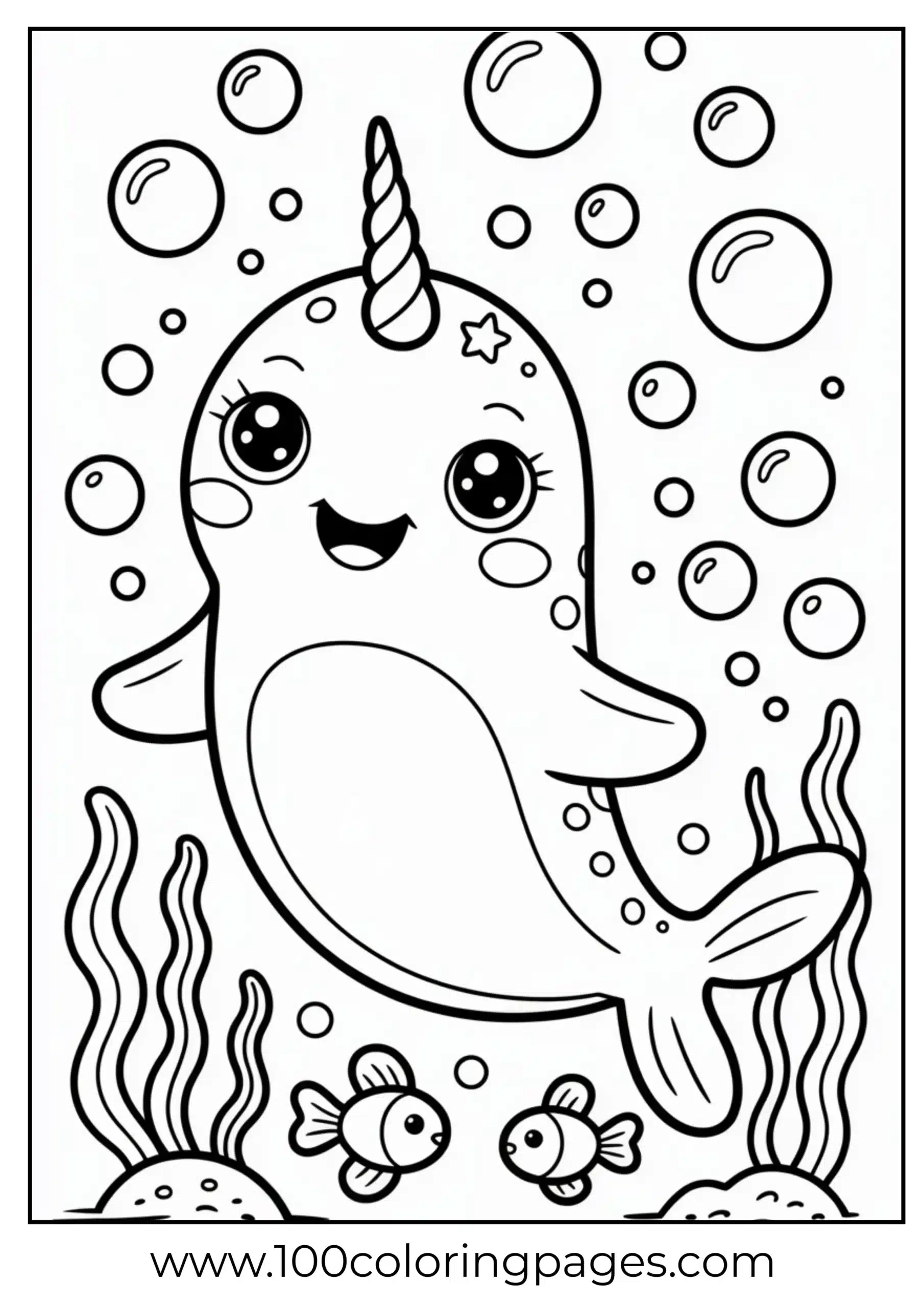 Narwhal character with horn and bubbles coloring page